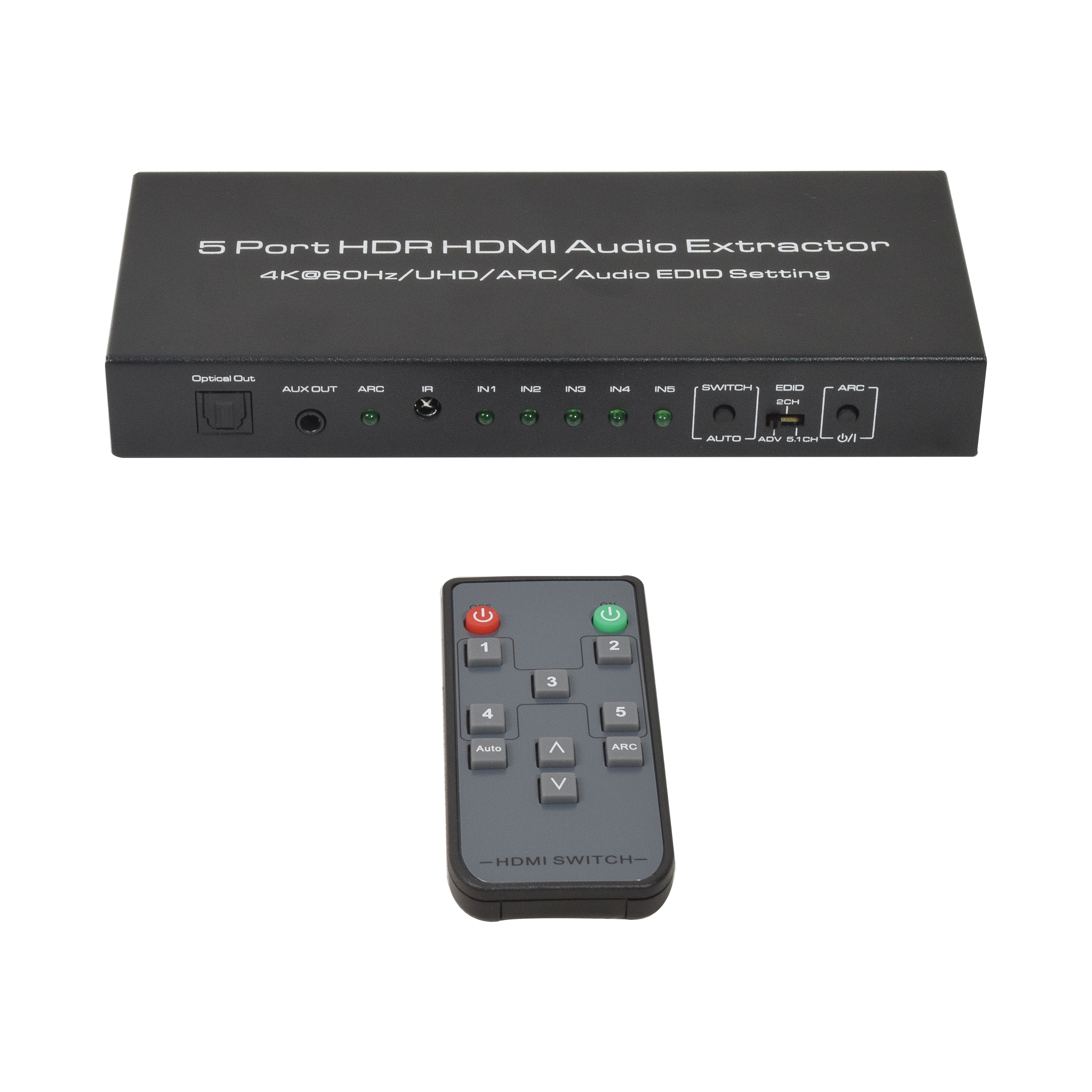 Schwarzer HDMI-Switch mit Fernbedienung. Der Switch hat Anschlüsse und Tasten zur Steuerung und eine Fernbedienung.