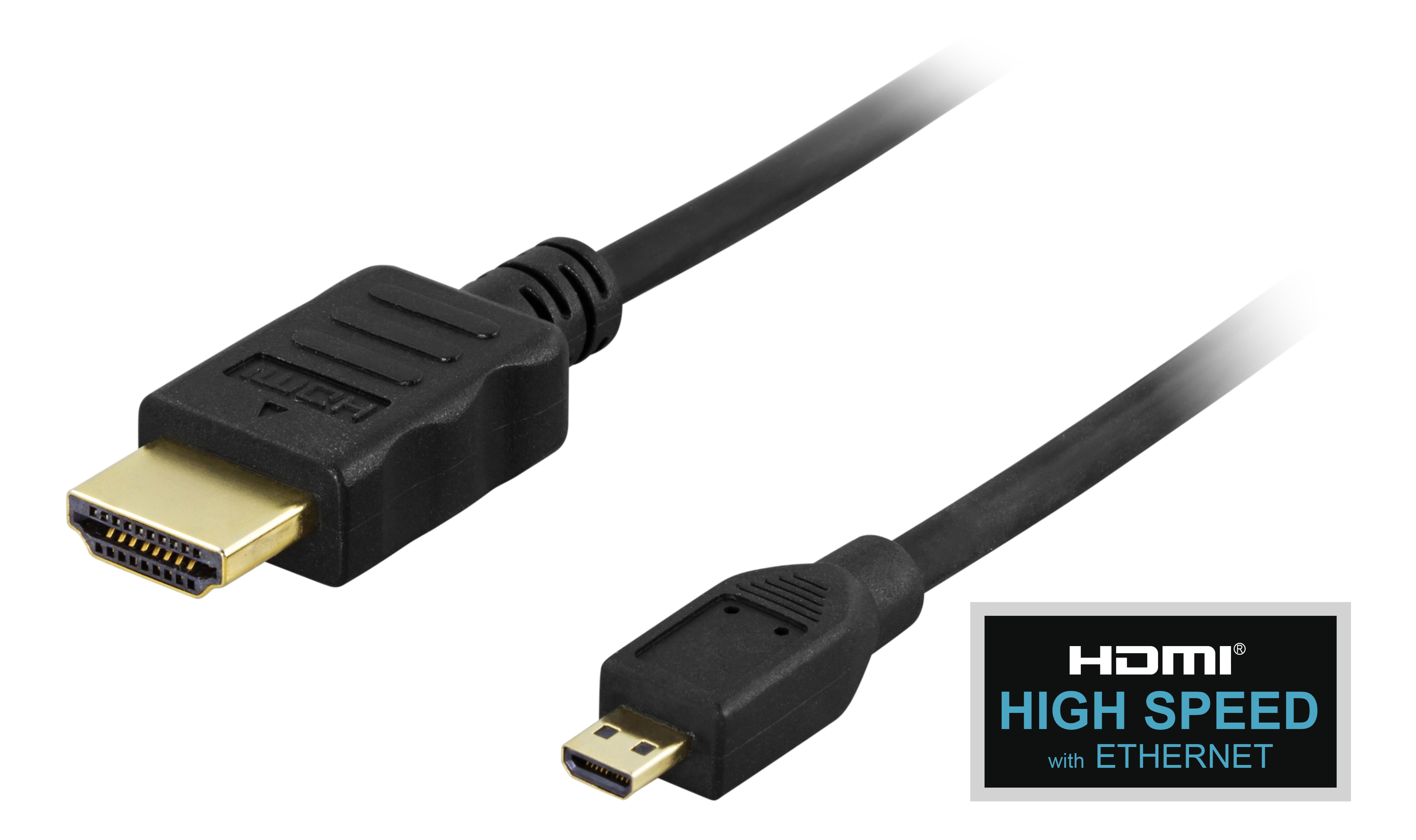 Zwarte HDMI-kabel met gouden connectoren.