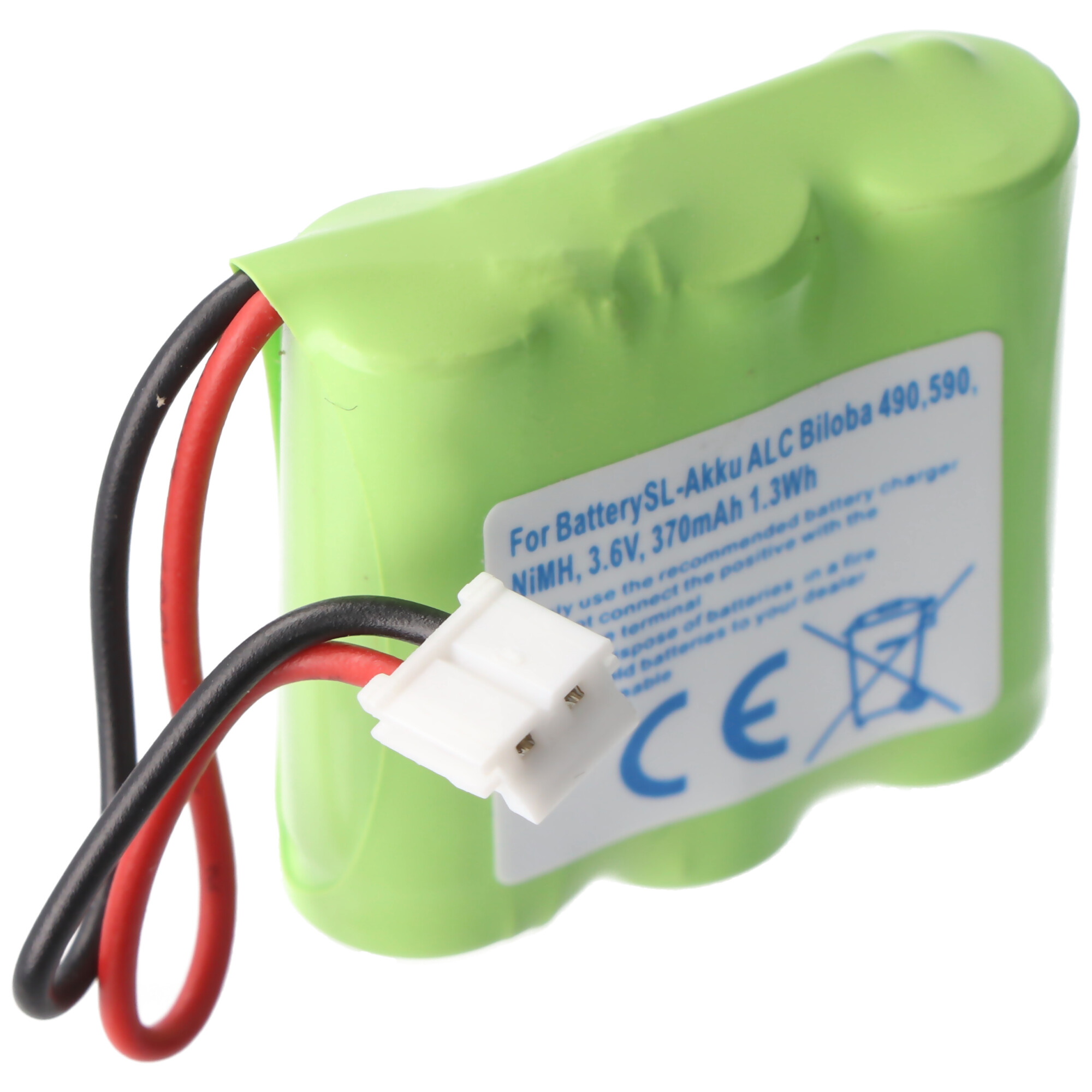 Grüner Akku mit schwarzen und roten Drähten. Weißer Stecker und ein Etikett. CE-Zeichen sichtbar.