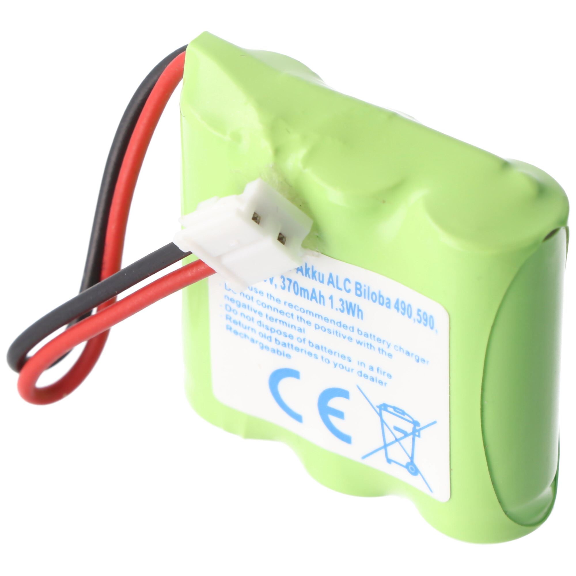 Eine grüne Batterie mit roten und schwarzen Drähten und weißen Steckern, mit Text auf einem Etikett.