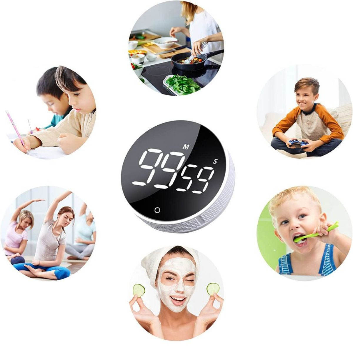 Ein runder Timer mit verschiedenen Szenen von Menschen; Kochen, Spielen, Trainieren und eine Gesichtsmaske auftragen.