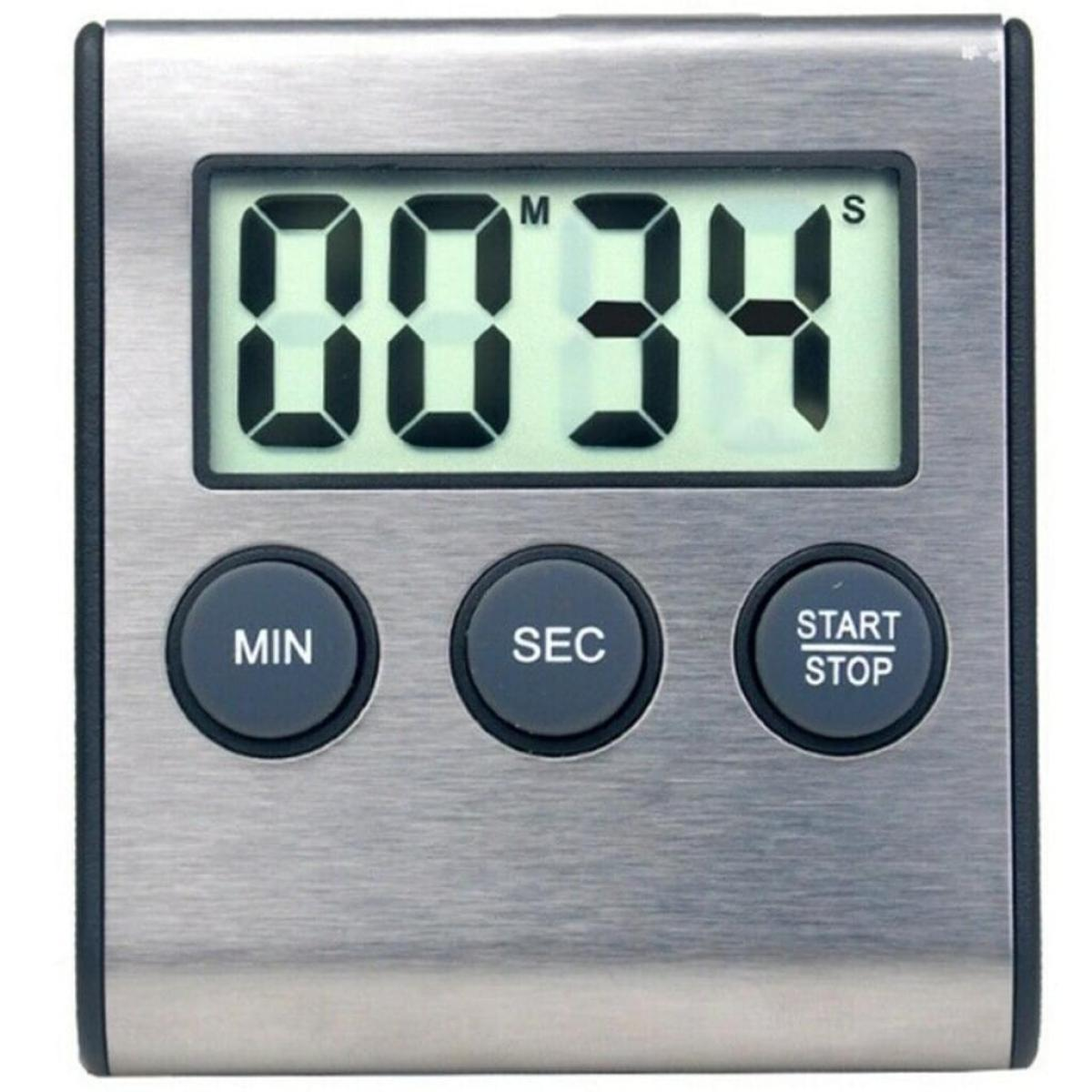 Digitaler Küchentimer mit 00:34. Hat MIN-, SEC- und START/STOP-Tasten.
