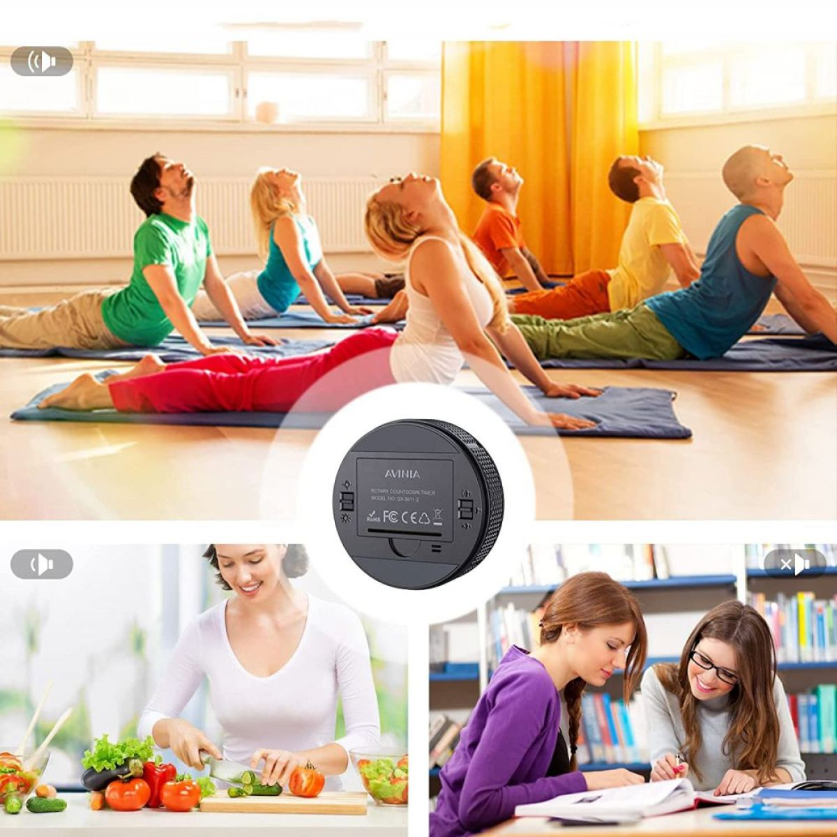 Menschen beim Yoga, ein kleines Gerät, eine Person schneidet Gemüse, und Frauen lesen.