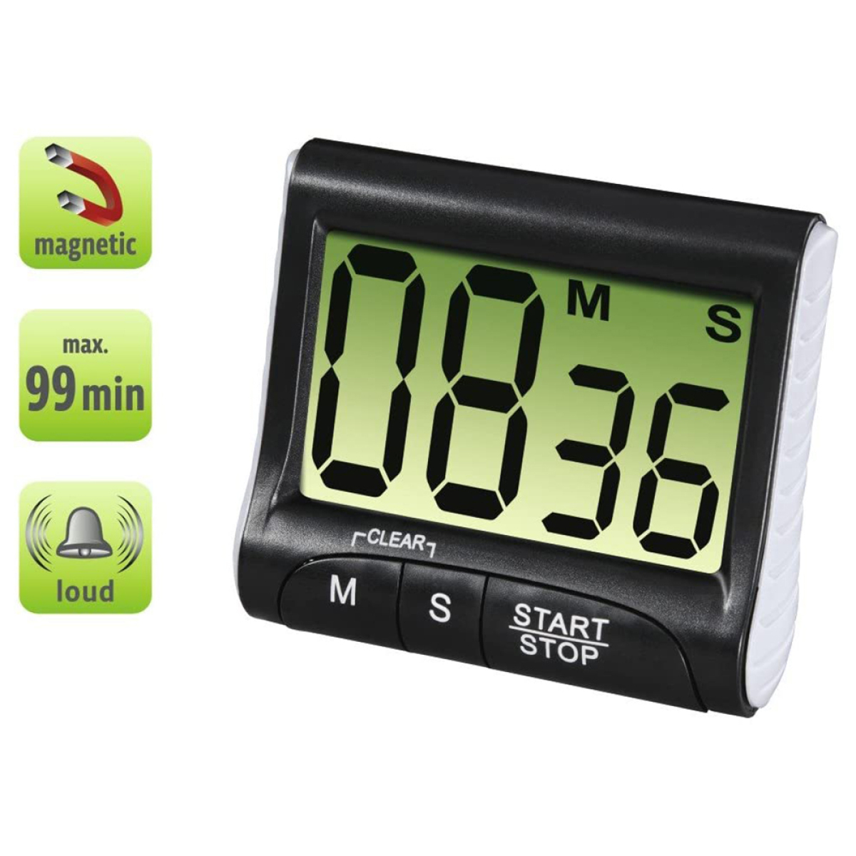 Ein schwarzer Timer mit grüner Anzeige, die 08:36 zeigt, und Magnet-/Laut-Symbolen.