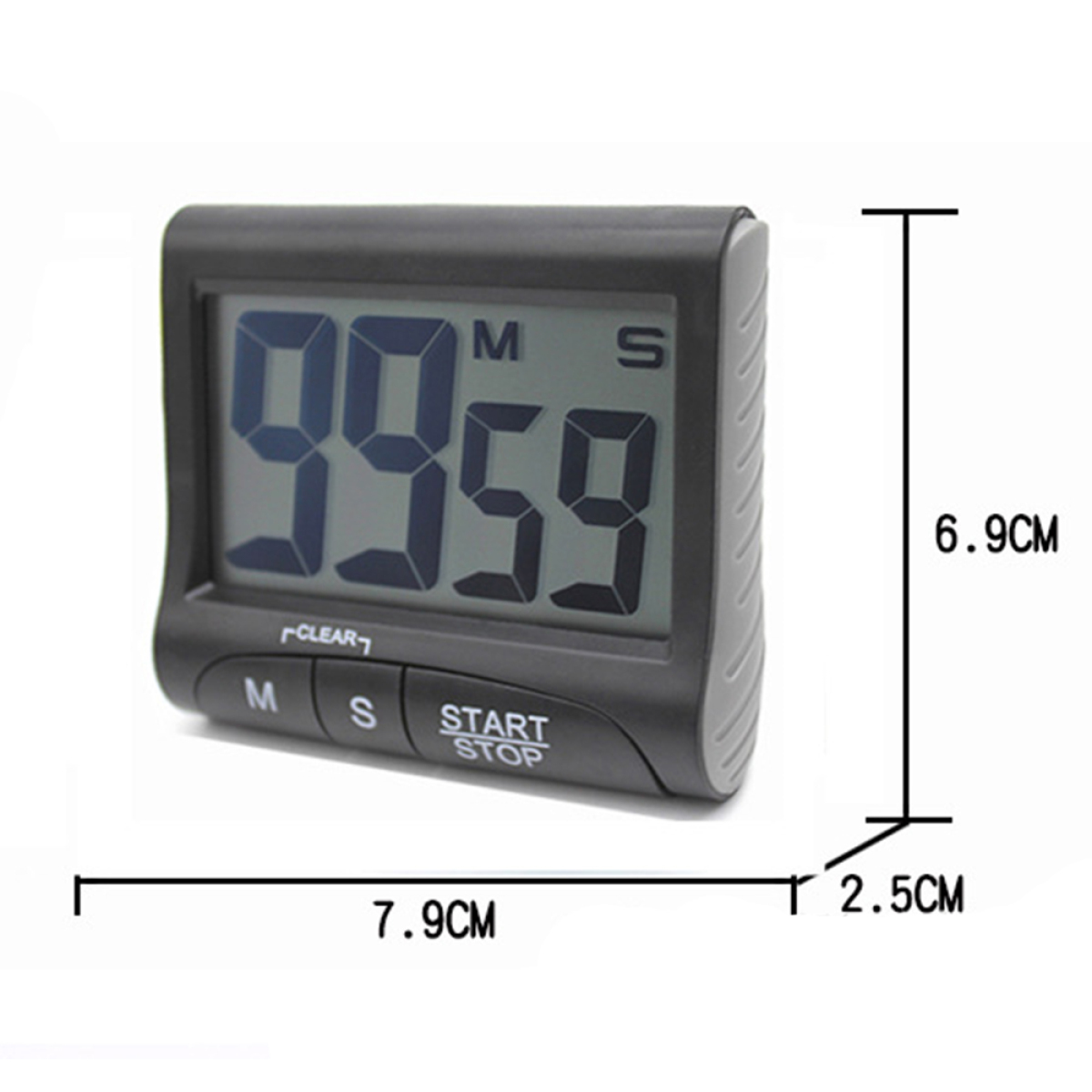 Schwarzer digitaler Timer mit großen Zahlen. Der Timer zeigt 99:59. Die Abmessungen sind aufgeführt.