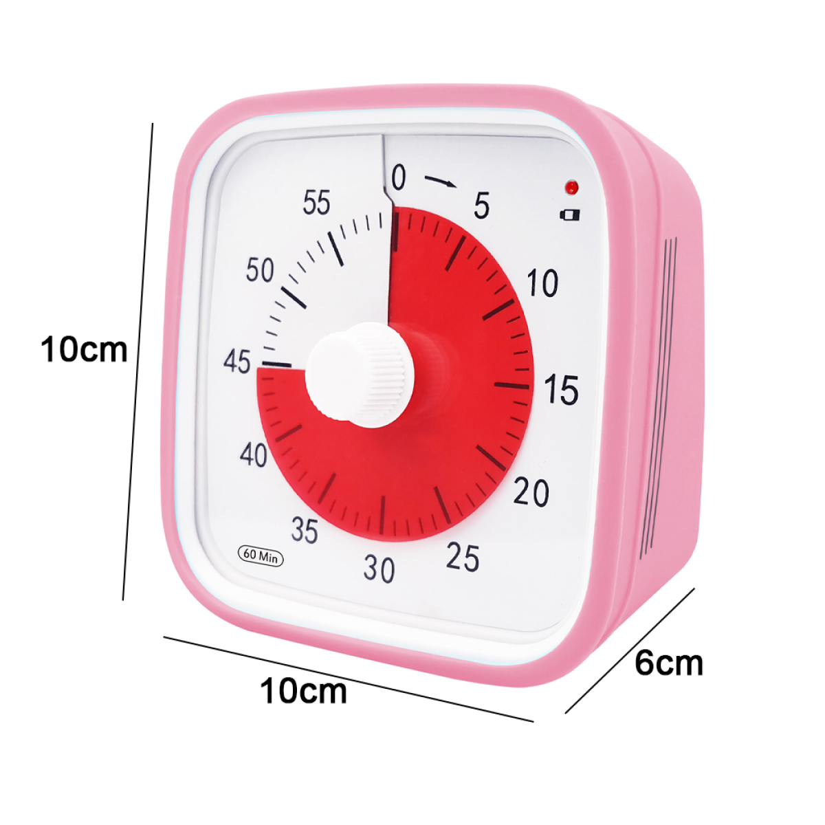 Rosafarbener, quadratischer Küchentimer mit weißem Zifferblatt. Er hat rote Markierungen, Zahlen und Abmessungen.