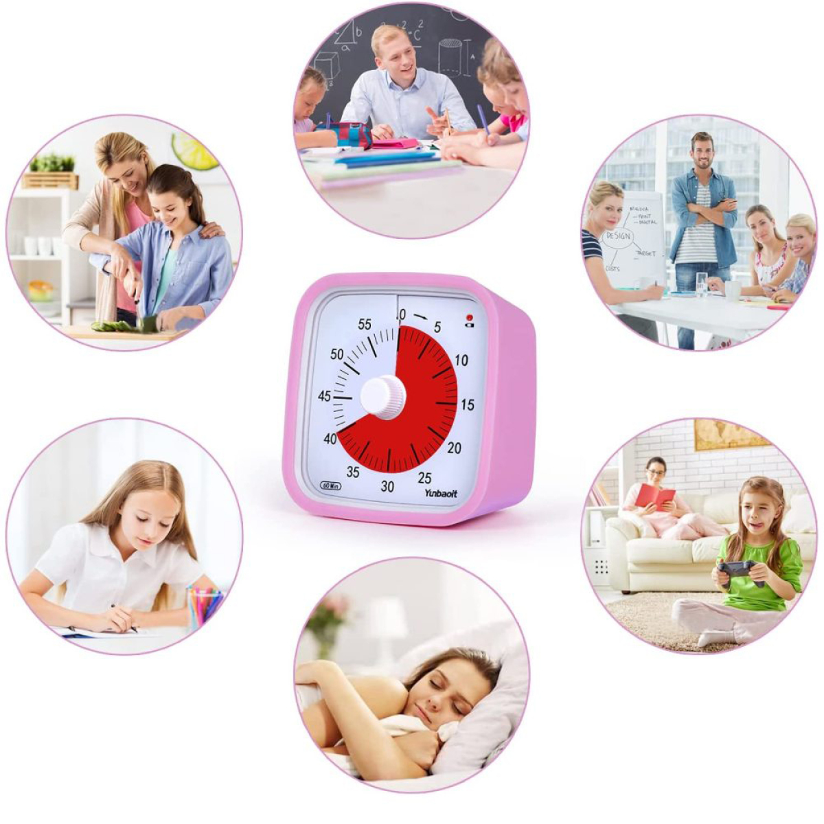 Rosa Timer, umgeben von Bildern von Menschen in verschiedenen Aktivitäten.
