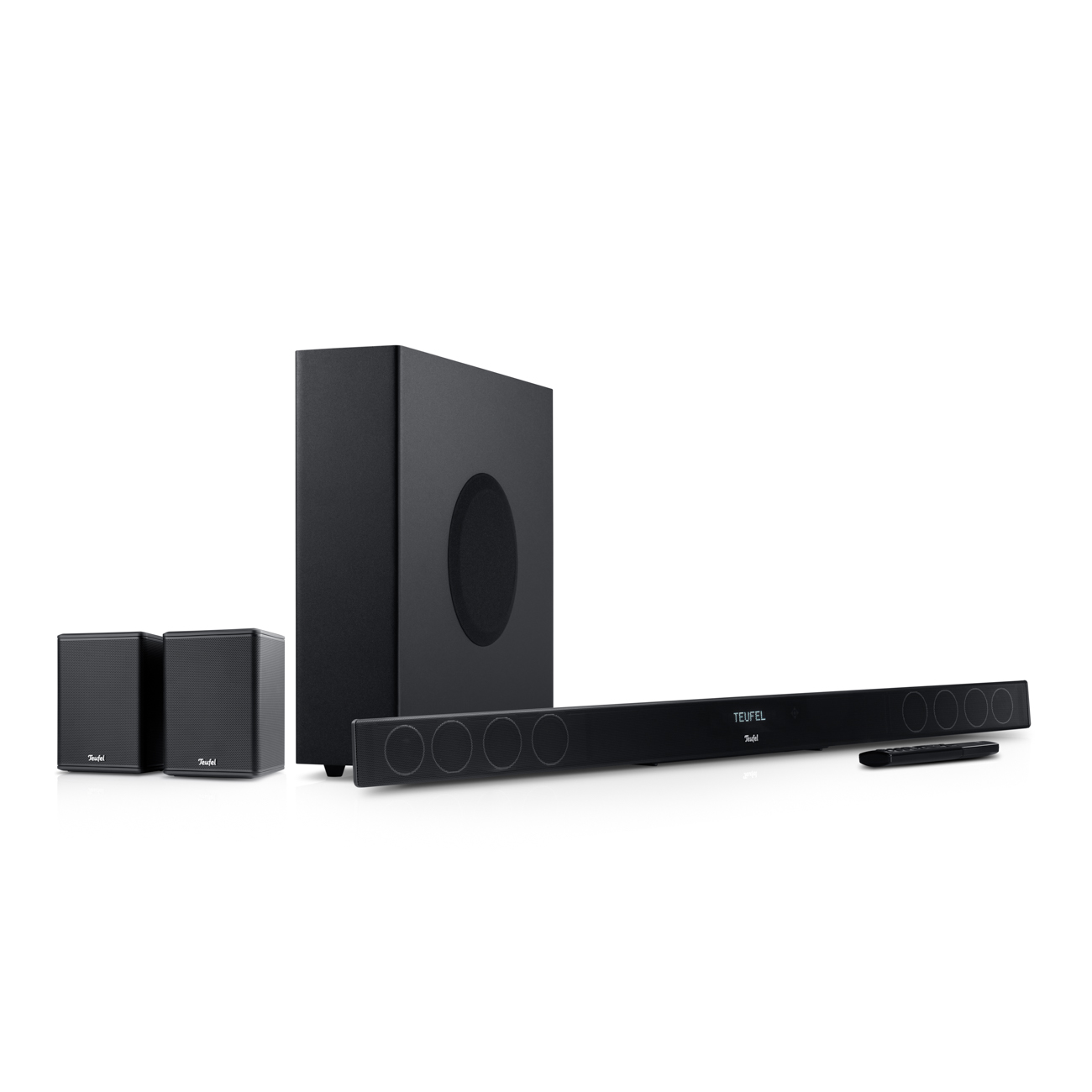 Schwarzes Soundsystem mit Lautsprechern, Subwoofer und Soundbar. Weißer Hintergrund.