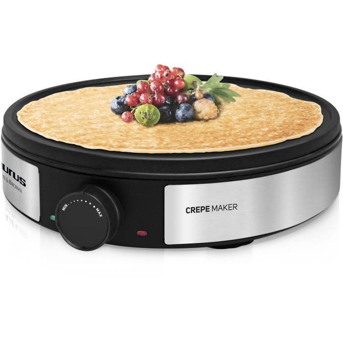 Crêpes-Maker mit Crêpe darauf und Beeren oben drauf. Schwarzes und silbernes Design.