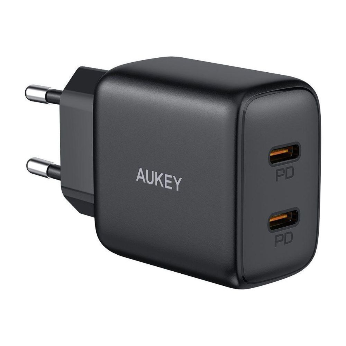 Schwarzes Aukey-Ladegerät mit zwei PD-Anschlüssen.