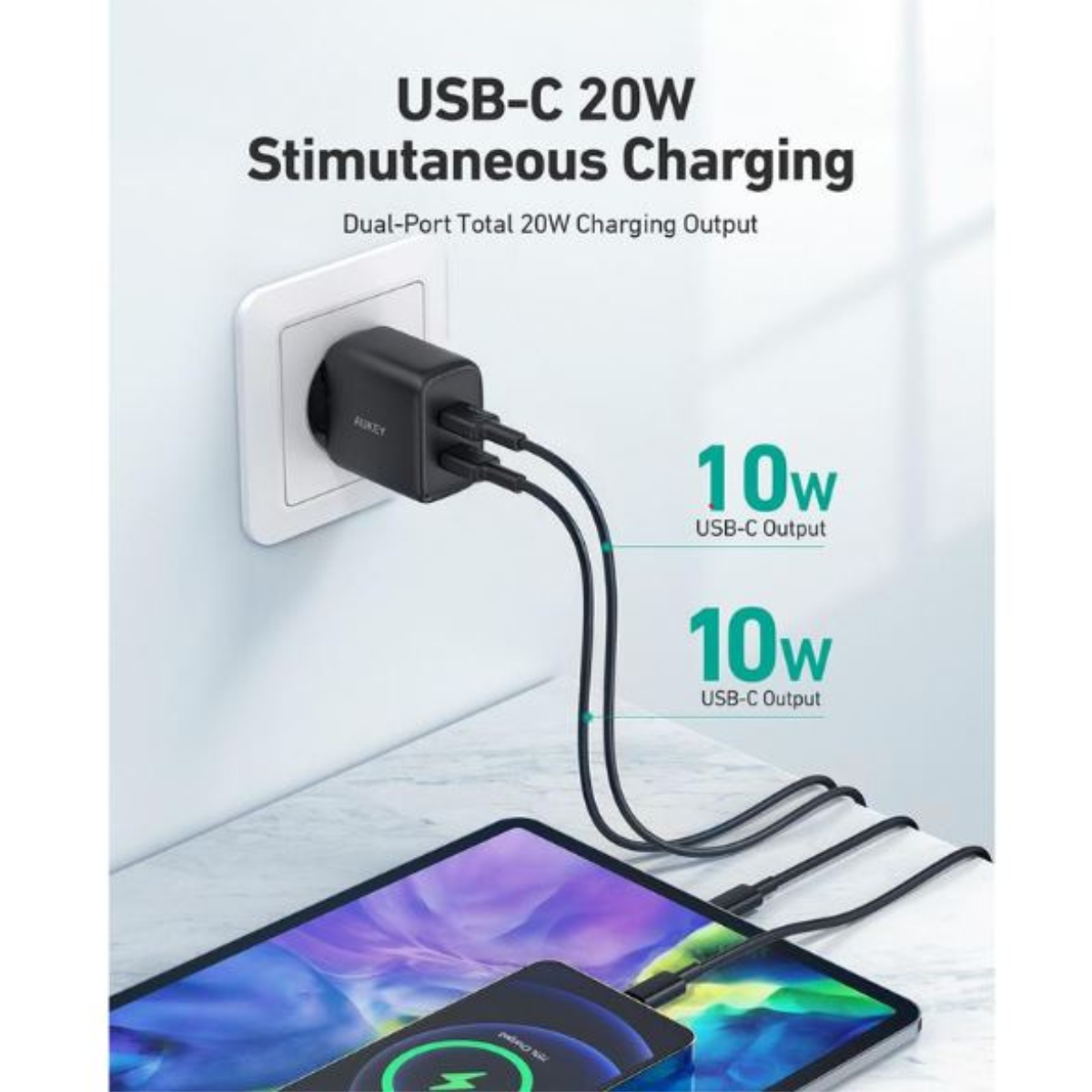 Ein schwarzes Ladegerät ist in einer Steckdose eingesteckt, zwei Kabel sind mit Tablets verbunden.