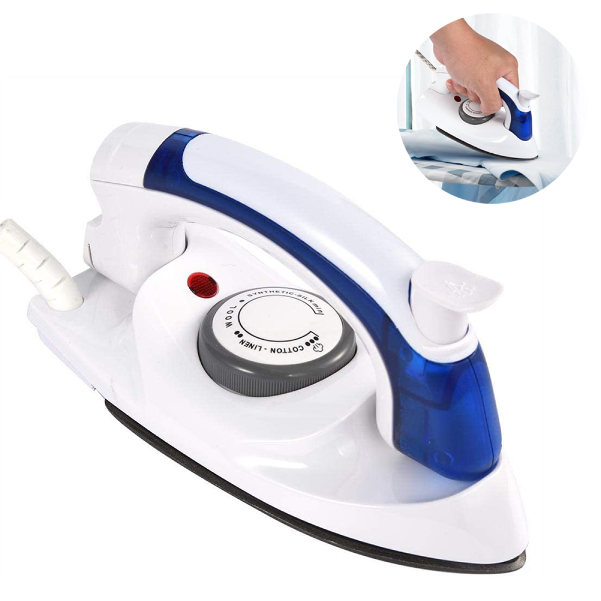Weißes und blaues Bügeleisen. Einstellrad. Handbügeln in der Ecke.