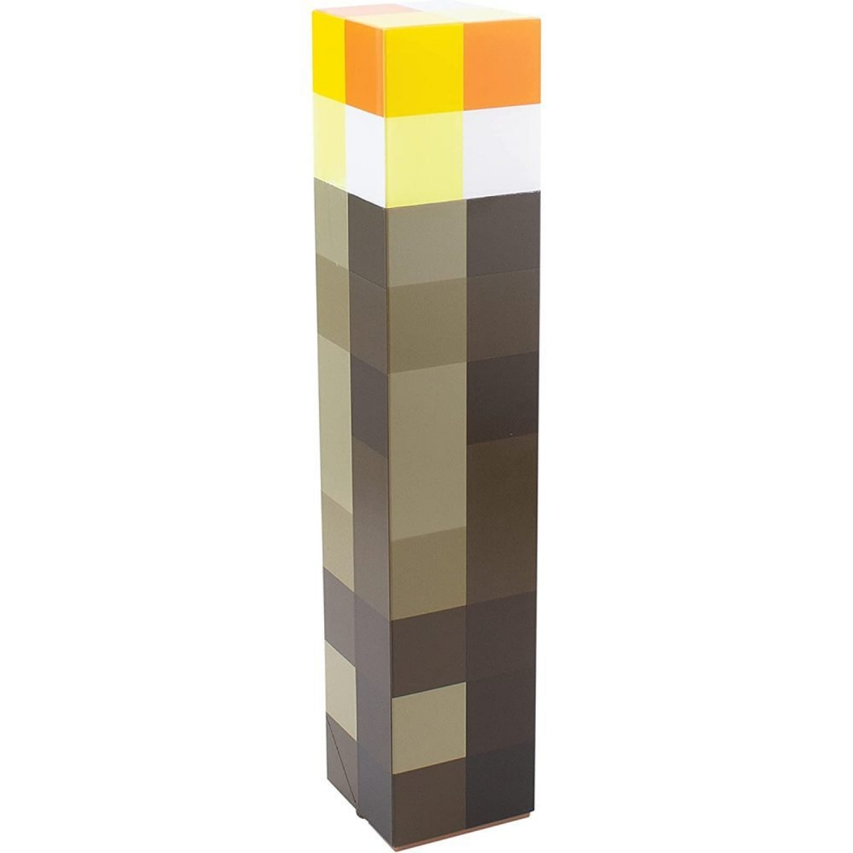 Minecraft-Fackel. Sie besteht aus Blöcken verschiedener Farben. Weißer Hintergrund.