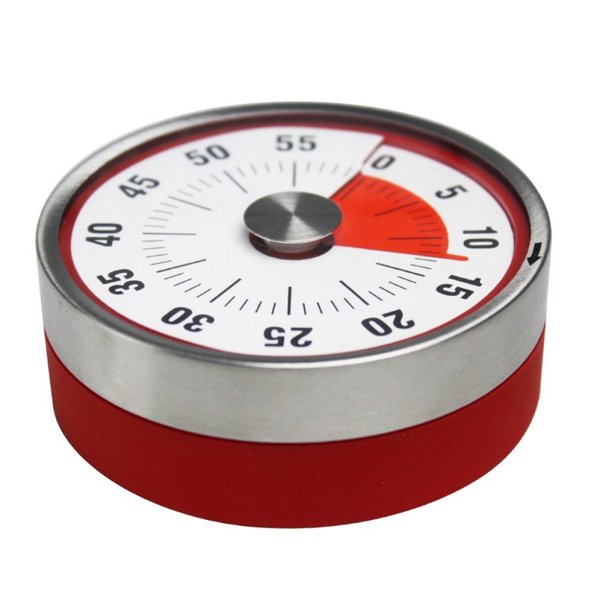 Roter und silberner Küchentimer. Das Zifferblatt zeigt die Zeit mit rotem Segment.