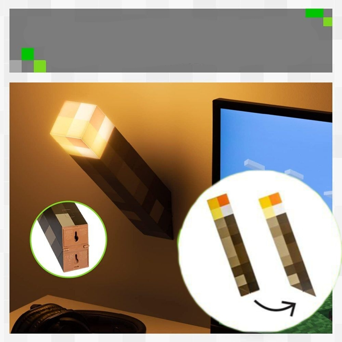 Eine Minecraft-Fackellampe ist an einer Wand montiert, mit Details zur Montage und einem zusätzlichen Fackelsymbol.