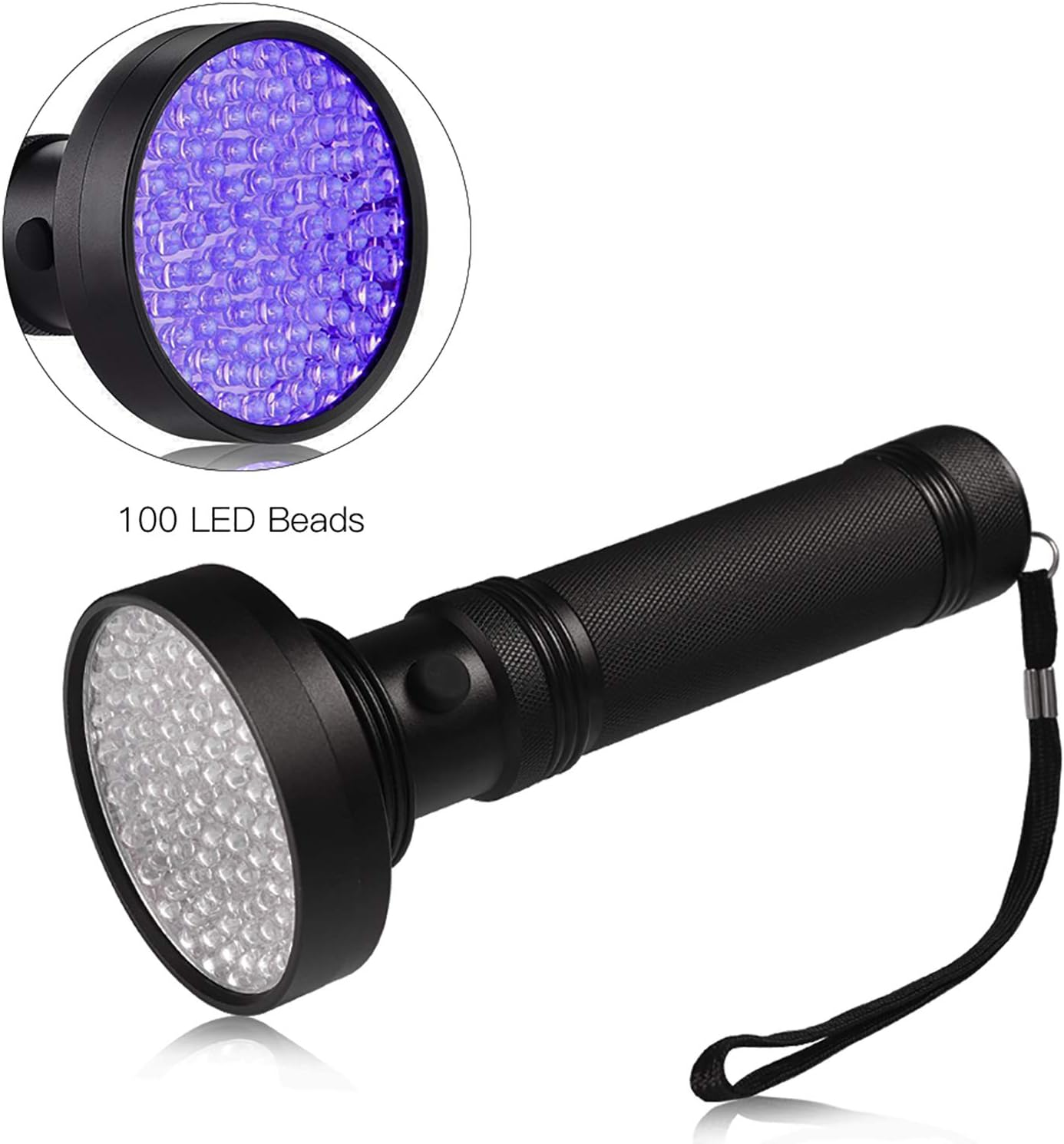 Schwarze UV-Taschenlampe mit 100 LED-Perlen. Nahaufnahme zeigt das violette Licht.