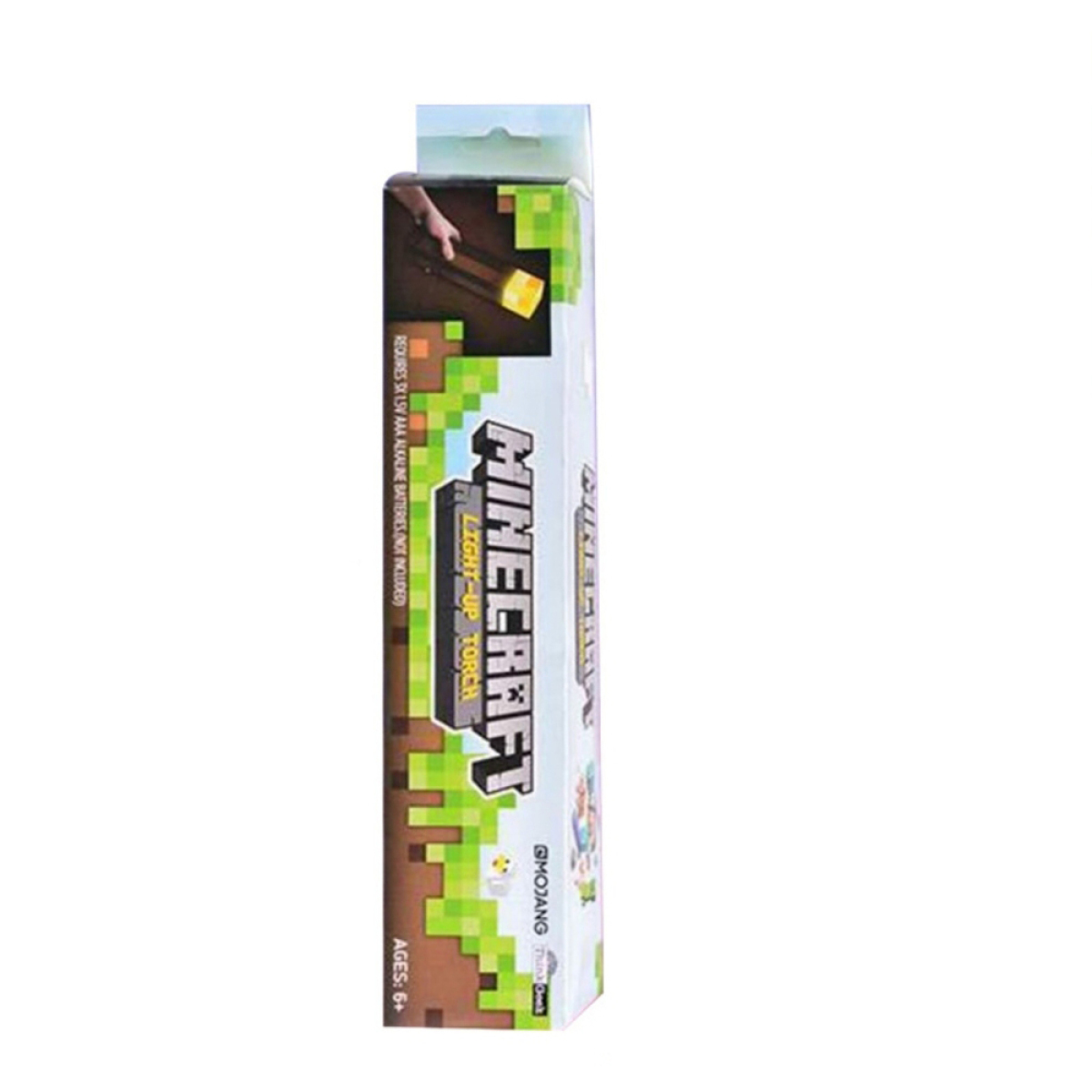 Minecraft-Spielzeugkiste mit einem Bild einer leuchtenden Fackel auf der Seite, mit weißem Hintergrund.