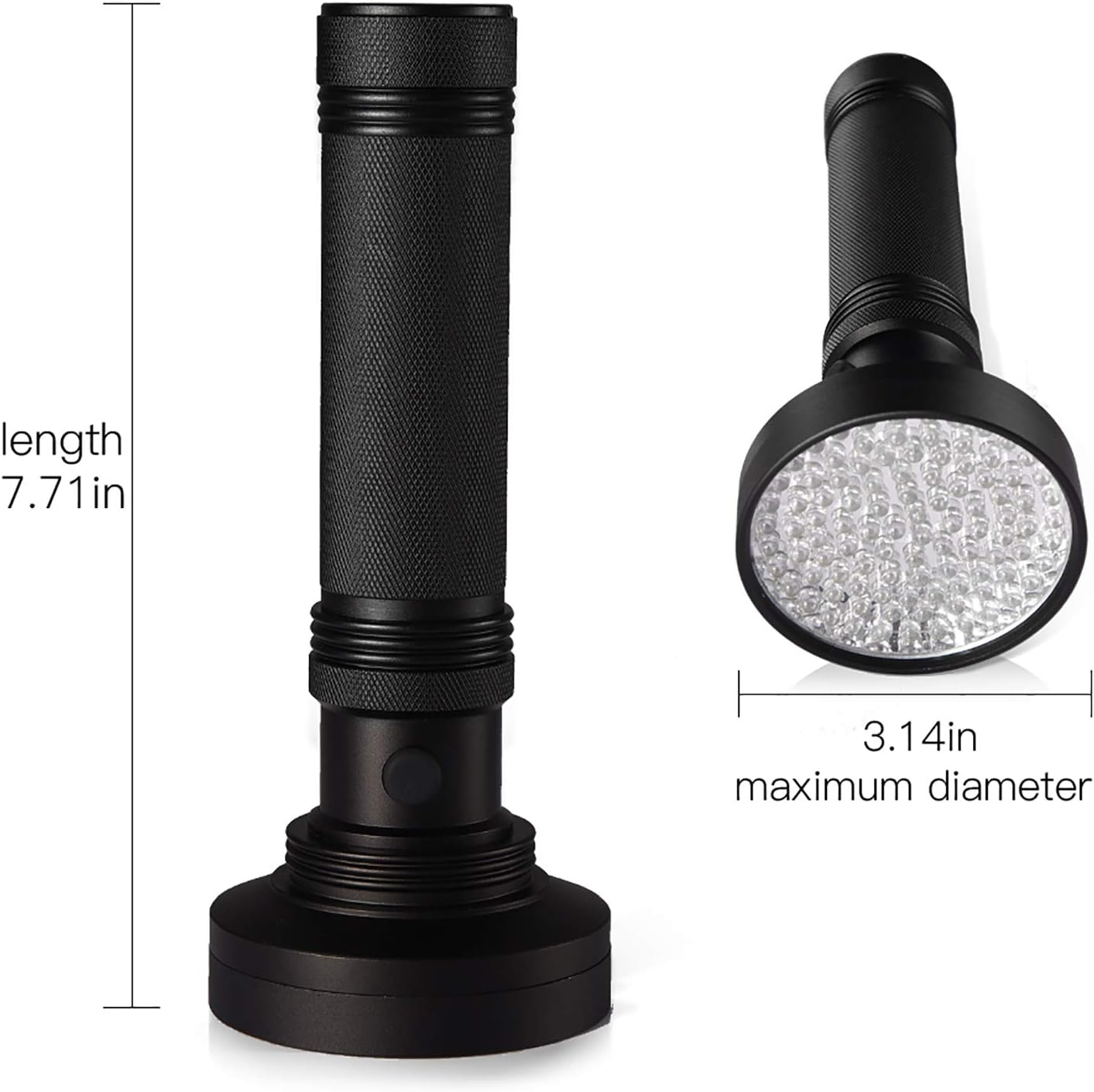 Zwei schwarze Taschenlampen mit Messungen und Abmessungen. Sie sind auf weißem Hintergrund.