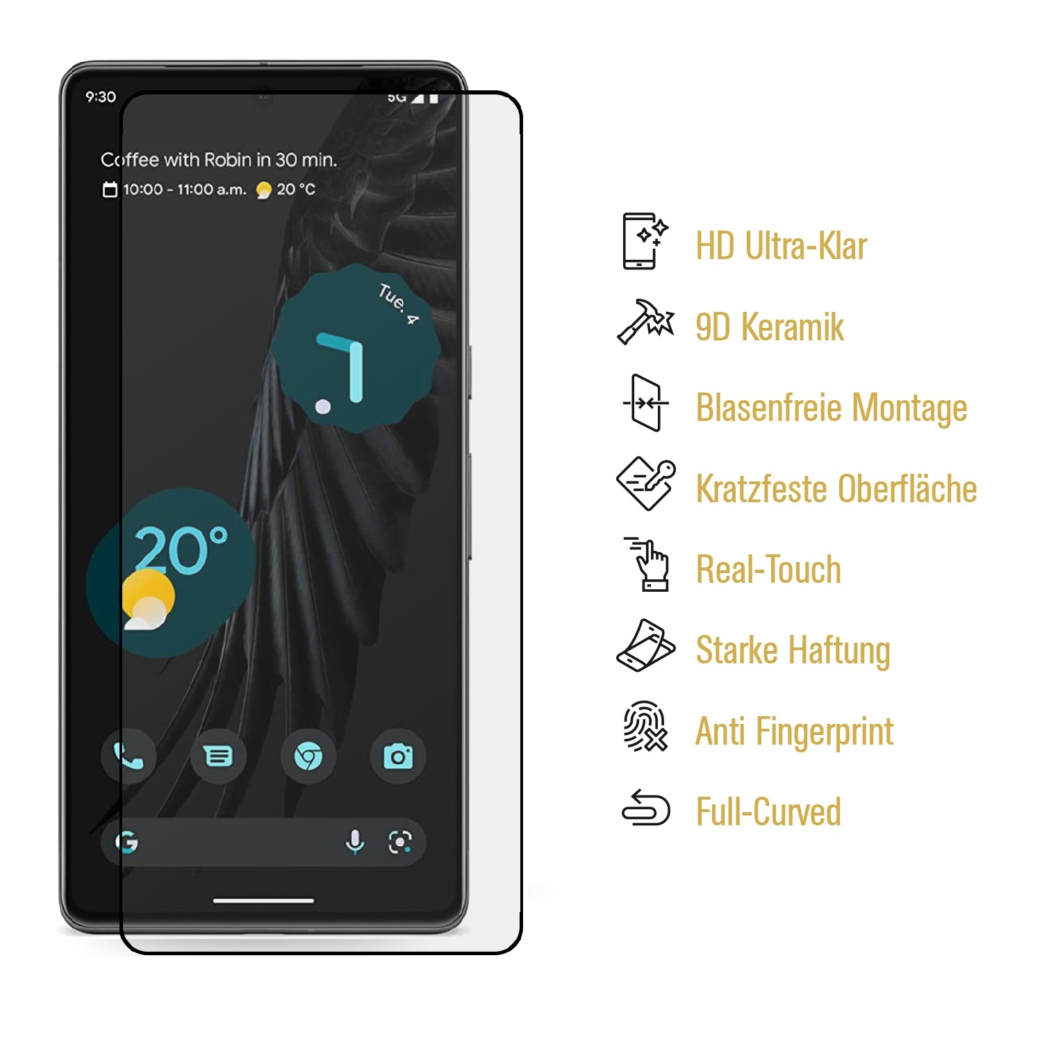 Ein Telefon mit Displayschutzfolie, mit Symbolen für HD, Keramik und mehr.