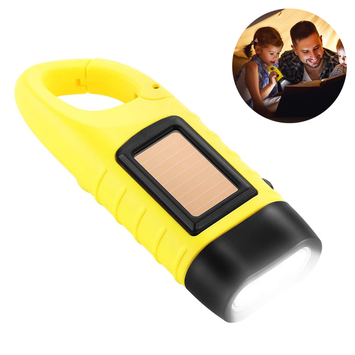 Gelbe Taschenlampe mit Solarpanel. Leute lesen im Hintergrund.