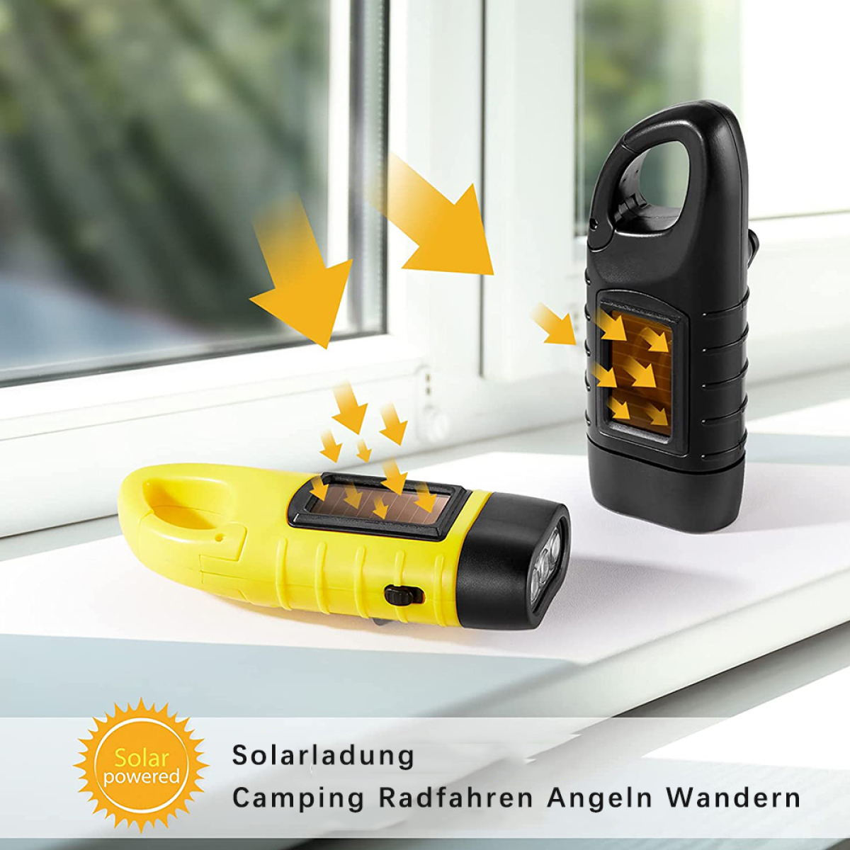 Eine gelb-schwarze solarbetriebene Taschenlampe. Weißer Hintergrund, Solarpanel.