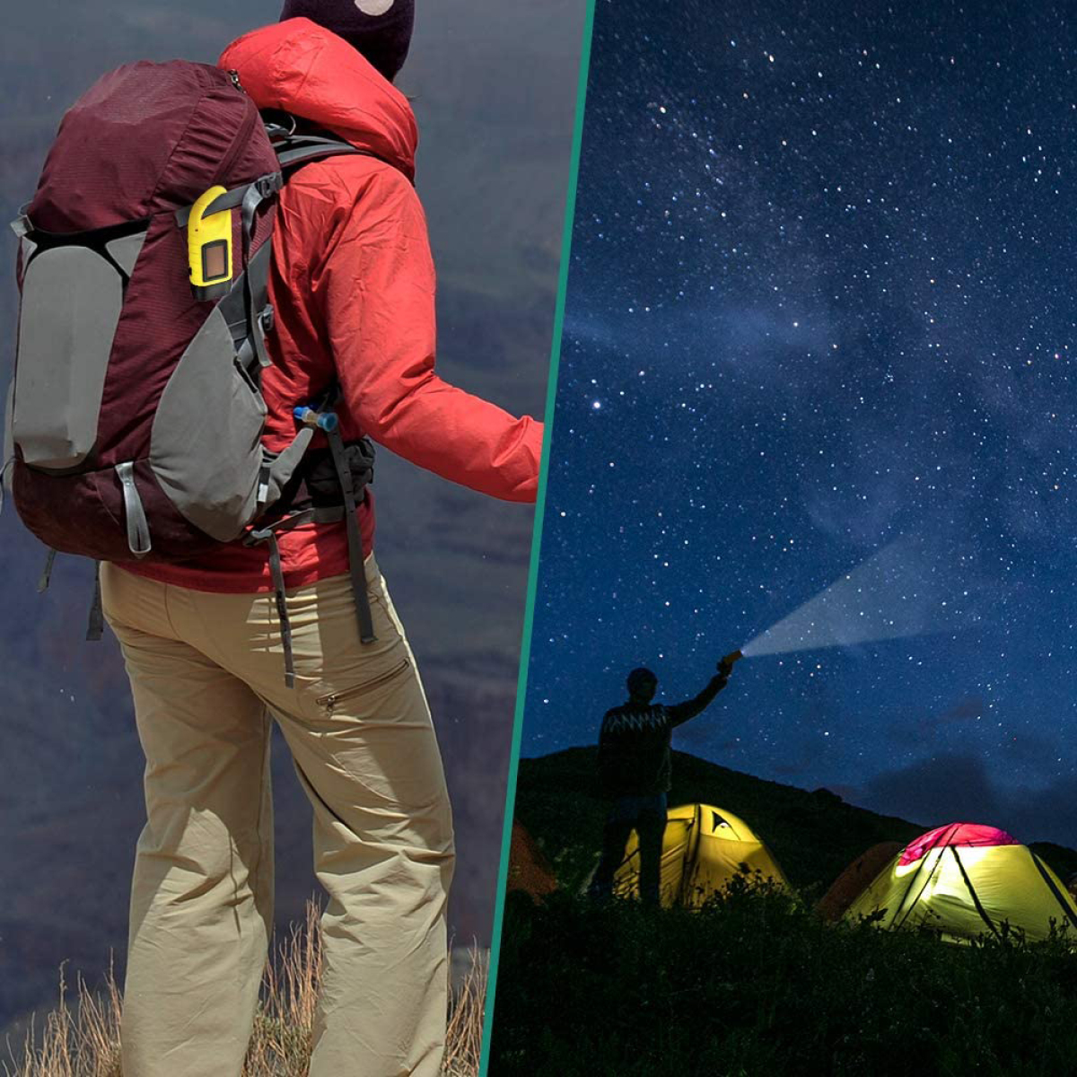 Person wandert mit Rucksack. Scheinwerfer beleuchtet Zelte bei Nacht unter Sternenhimmel.