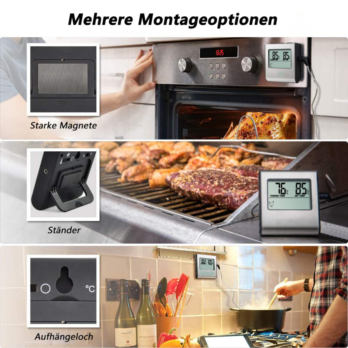 Thermometer zeigt die Temperatur im Ofen, auf dem Grill und im Topf an.