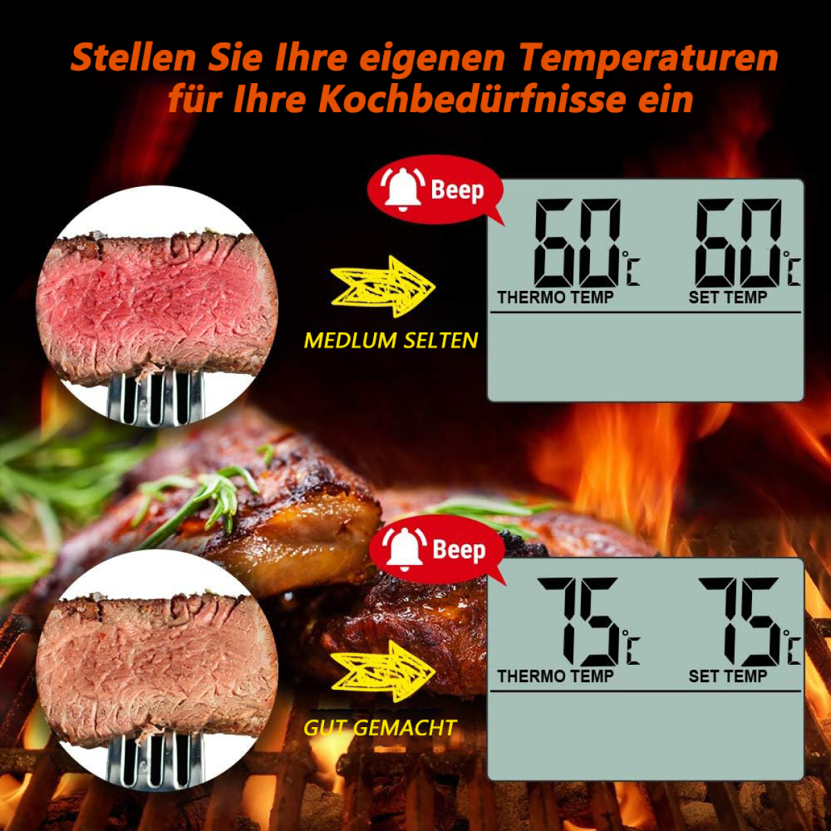 Zwei Fleischstücke, eines medium rare, eines gut durchgebraten, mit digitalen Thermometern.