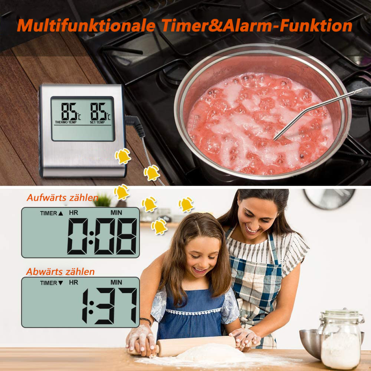 Silbernes Thermometer zeigt 85 Grad an. Ein Topf mit roter Flüssigkeit steht auf einem Herd, mit einer Person und Kind beim Teigrollen.