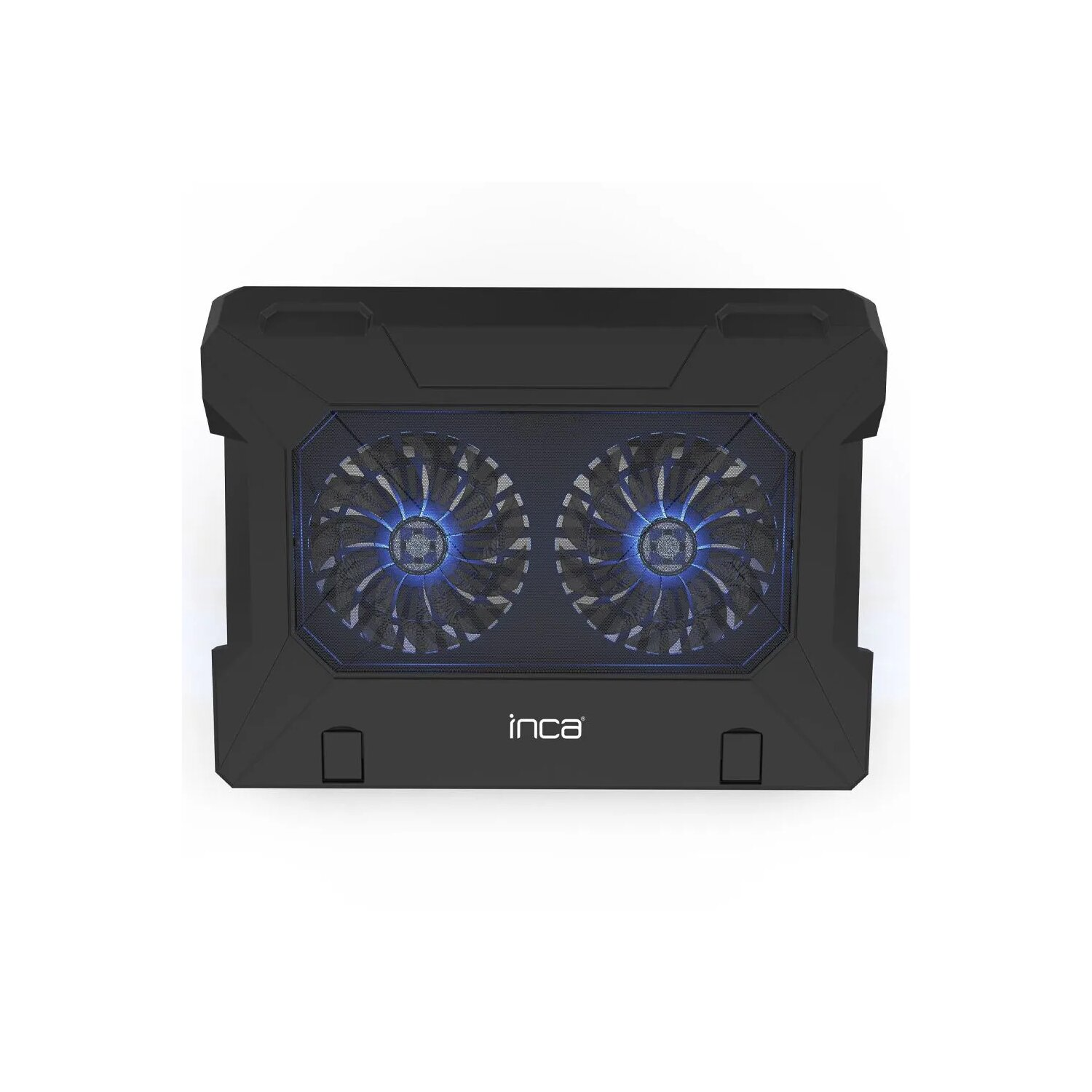 Schwarzer Laptop-Kühler mit zwei blauen Lüftern. Markenname 'inca' unten.