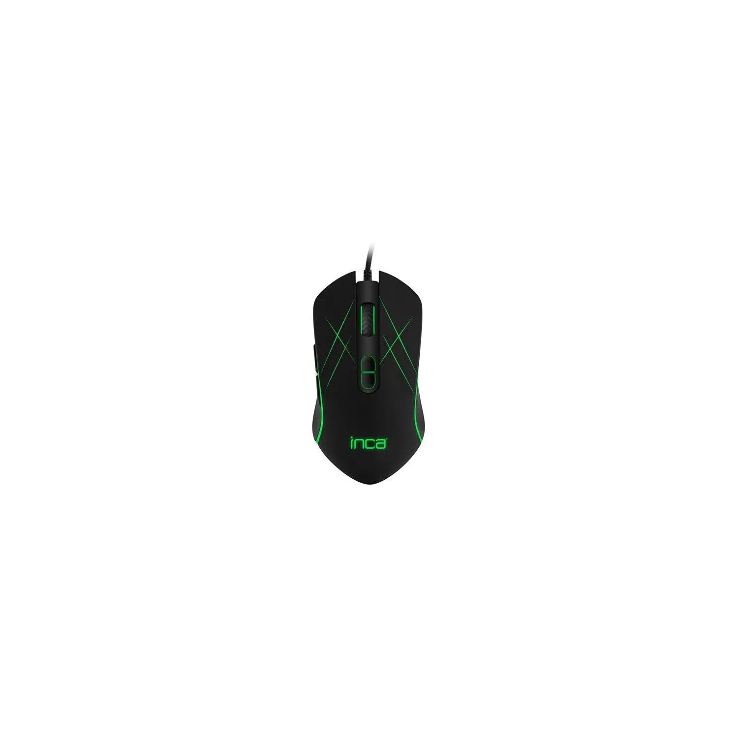 Schwarze Computermaus mit grünen Akzenten und dem 'inca'-Logo auf weißem Hintergrund.