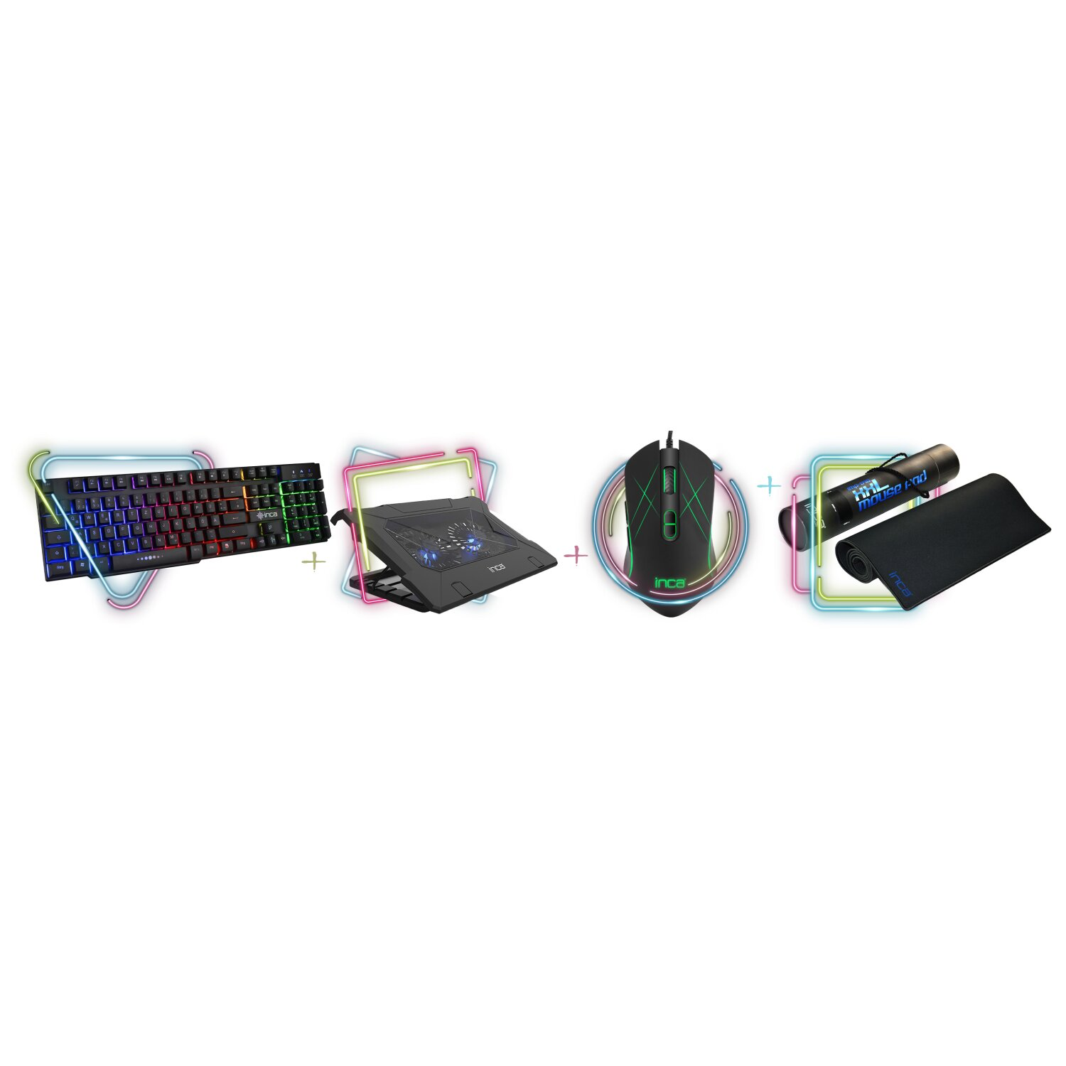 Eine Tastatur, ein Laptop-Kühler, eine Maus und ein Mauspad werden vor weißem Hintergrund angezeigt.