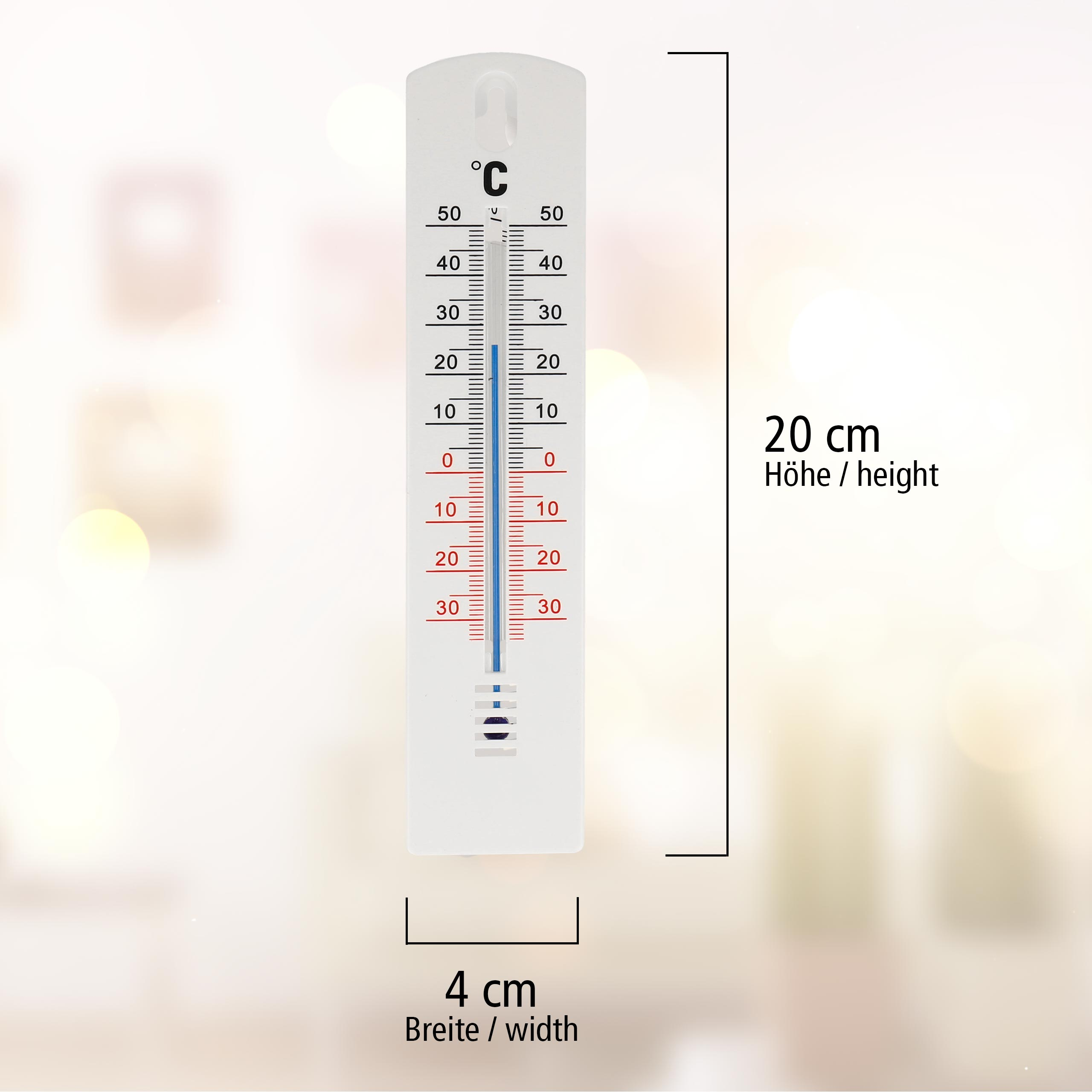 Weißes Thermometer mit Celsius-Skala, markiert bei 0, 20, 30 und Maßen.