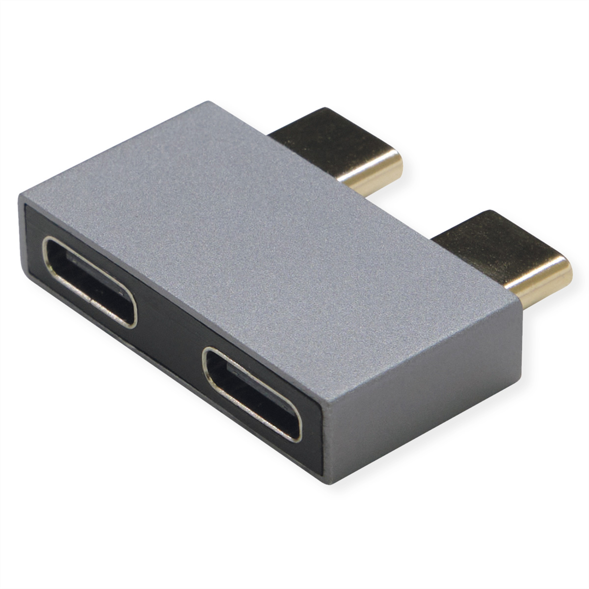 Un adaptateur USB-C gris avec deux ports USB-C sur fond blanc. Détails noirs sur les côtés.