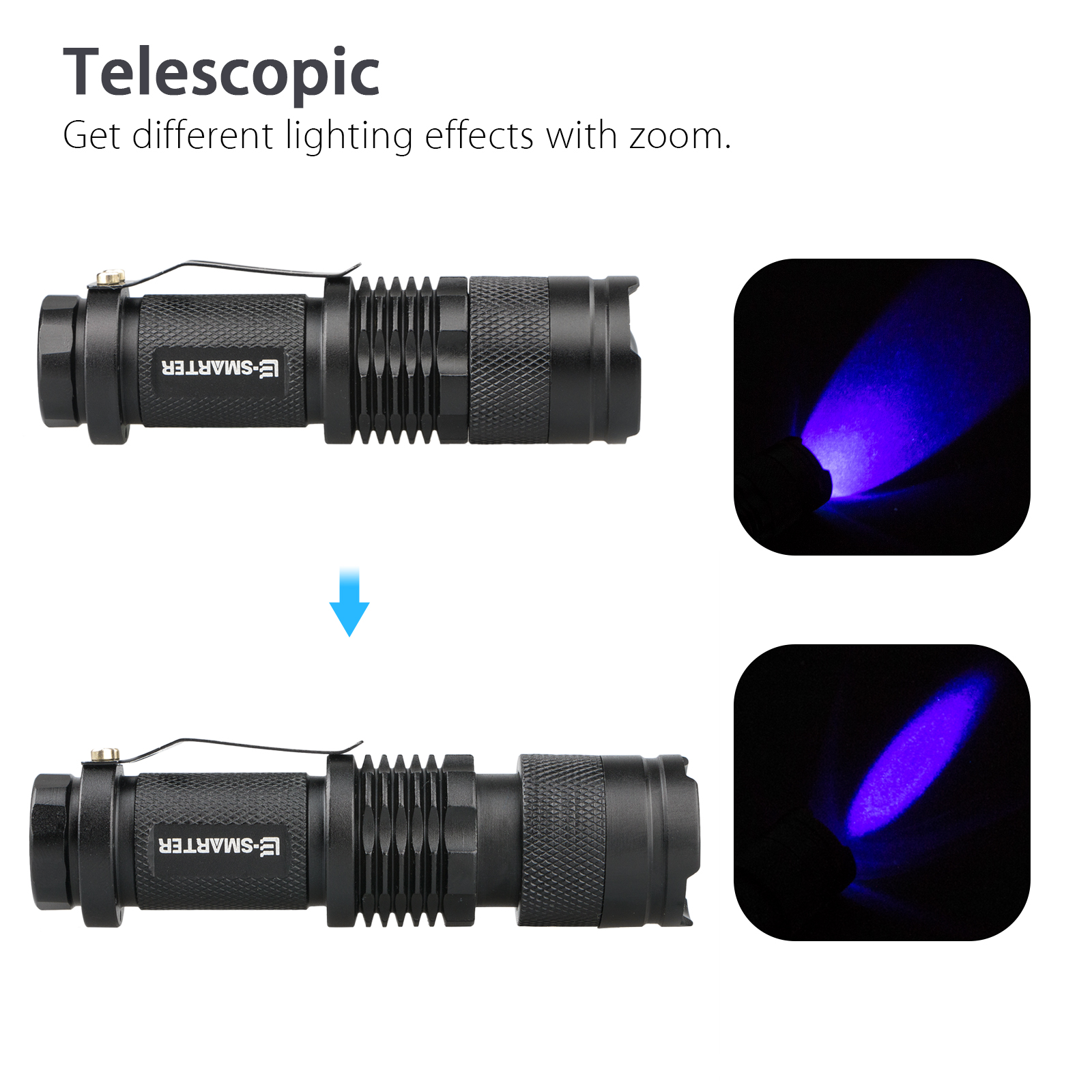Eine schwarze Taschenlampe mit Zoomfunktion. Der Strahl wechselt von breit zu fokussiert.