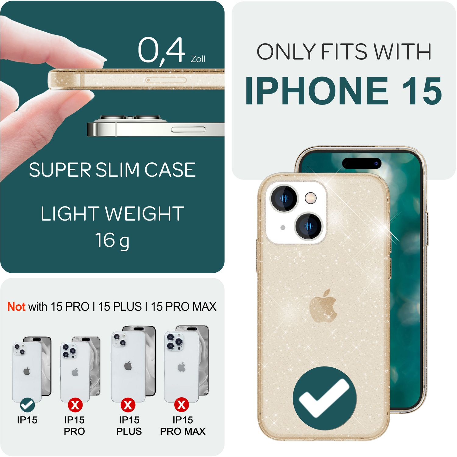 Custodia per telefono con testo e immagini sulla compatibilità iPhone 15. Sfondo bianco.