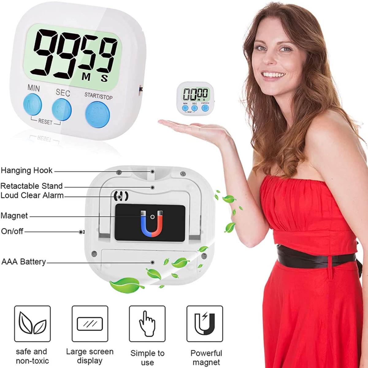 Frau, die einen kleinen digitalen Küchentimer hält. Merkmale: Aufhängehaken, Alarm und Magnet.