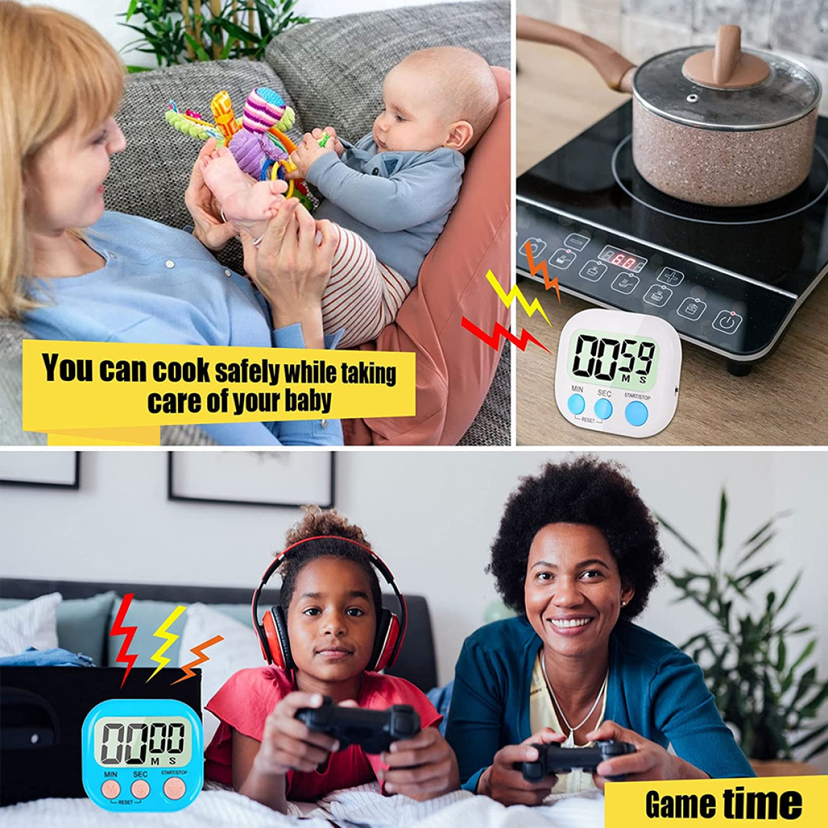 Eine Mutter und ihr Baby sind zusammen. Es gibt einen Timer und einen Topf auf einem Herd. Zwei Kinder spielen Videospiele.