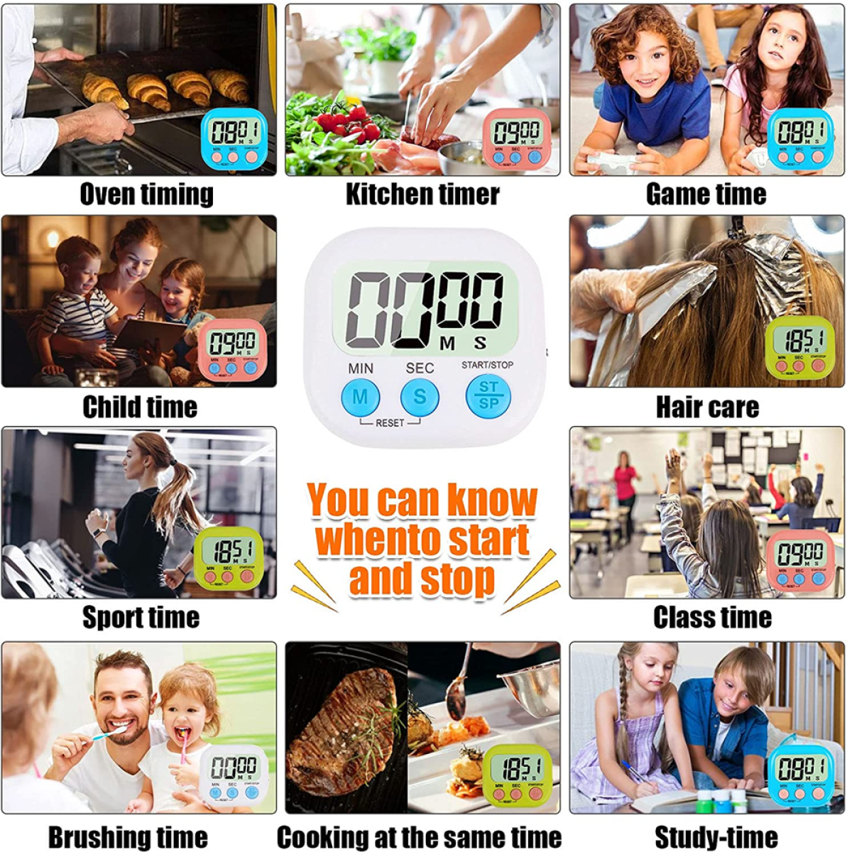 Eine Collage von Timern in verschiedenen Kontexten: Kochen, Sport, Lernen usw. Digitalanzeige.