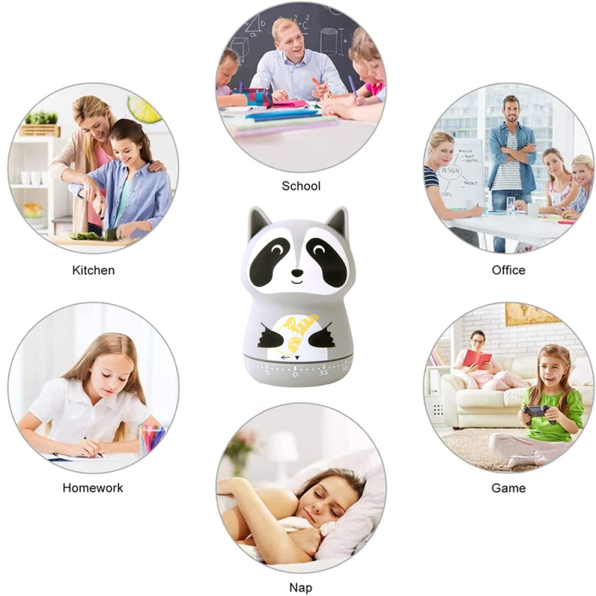 Ein Waschbär-Küchentimer und verschiedene Szenen: Küche, Schule, Büro, Hausaufgaben, Nickerchen, Spiel.