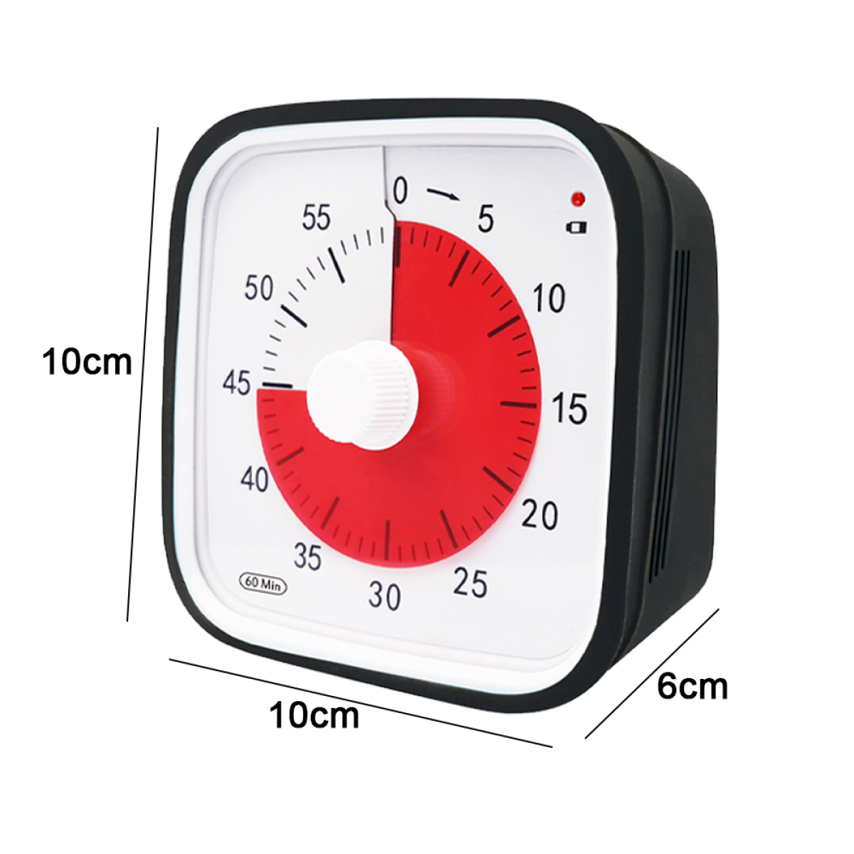 Quadratischer Timer mit rotem Zifferblatt und weißen Zahlen. Schwarzer Rahmen, rotes Zifferblatt.