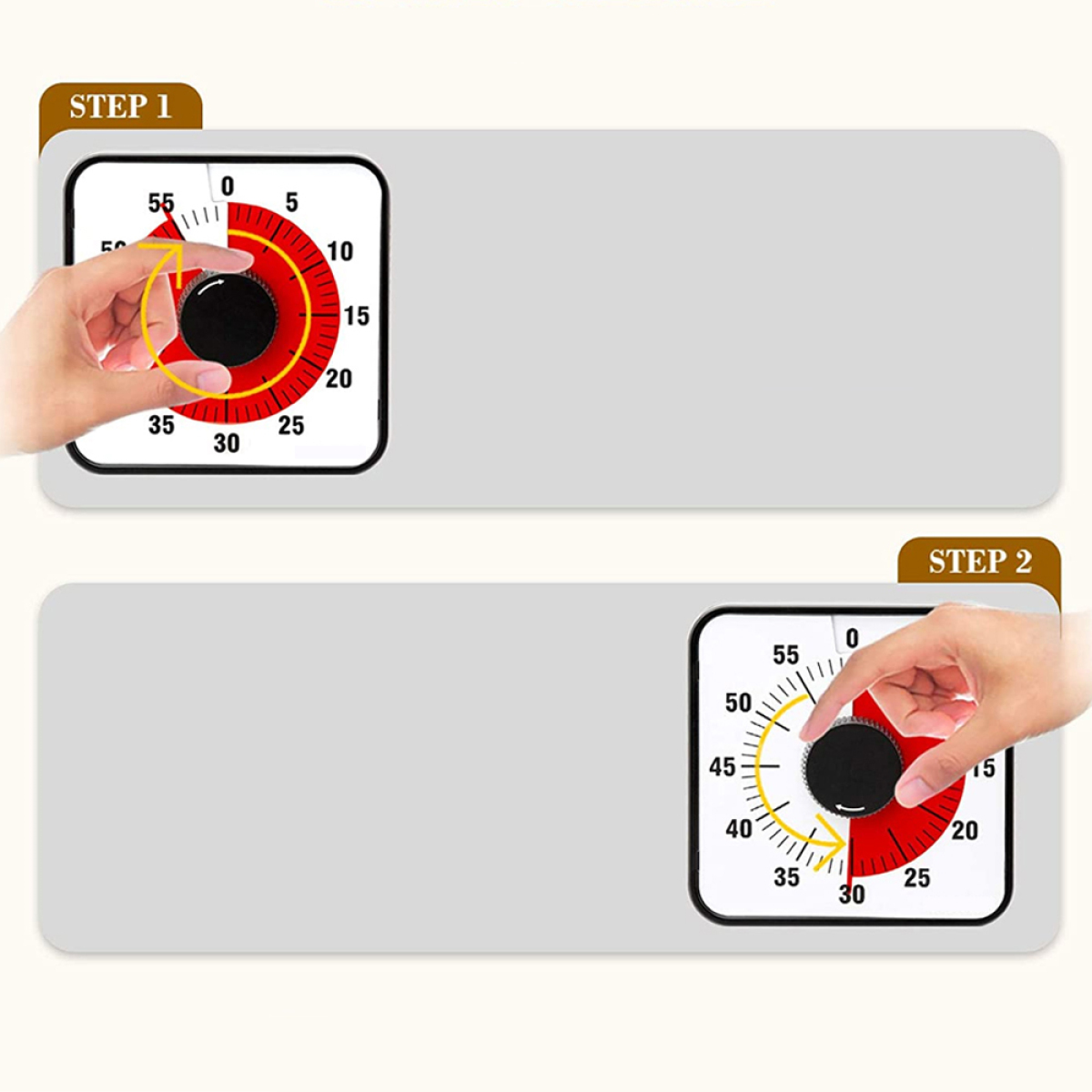 Zwei Schritte zur Verwendung eines Küchentimers. Weißer Hintergrund.