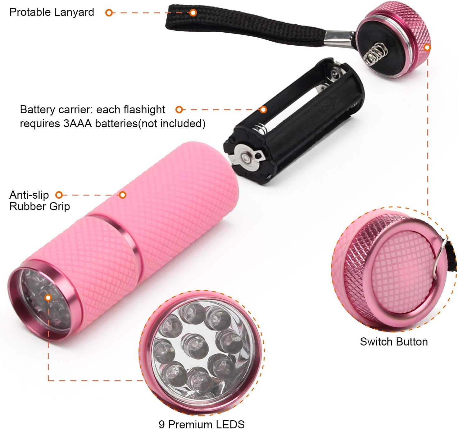 Pinke Taschenlampe mit Etiketten für Lanyard, Batterie und Schalter, sowie 9 LEDs.