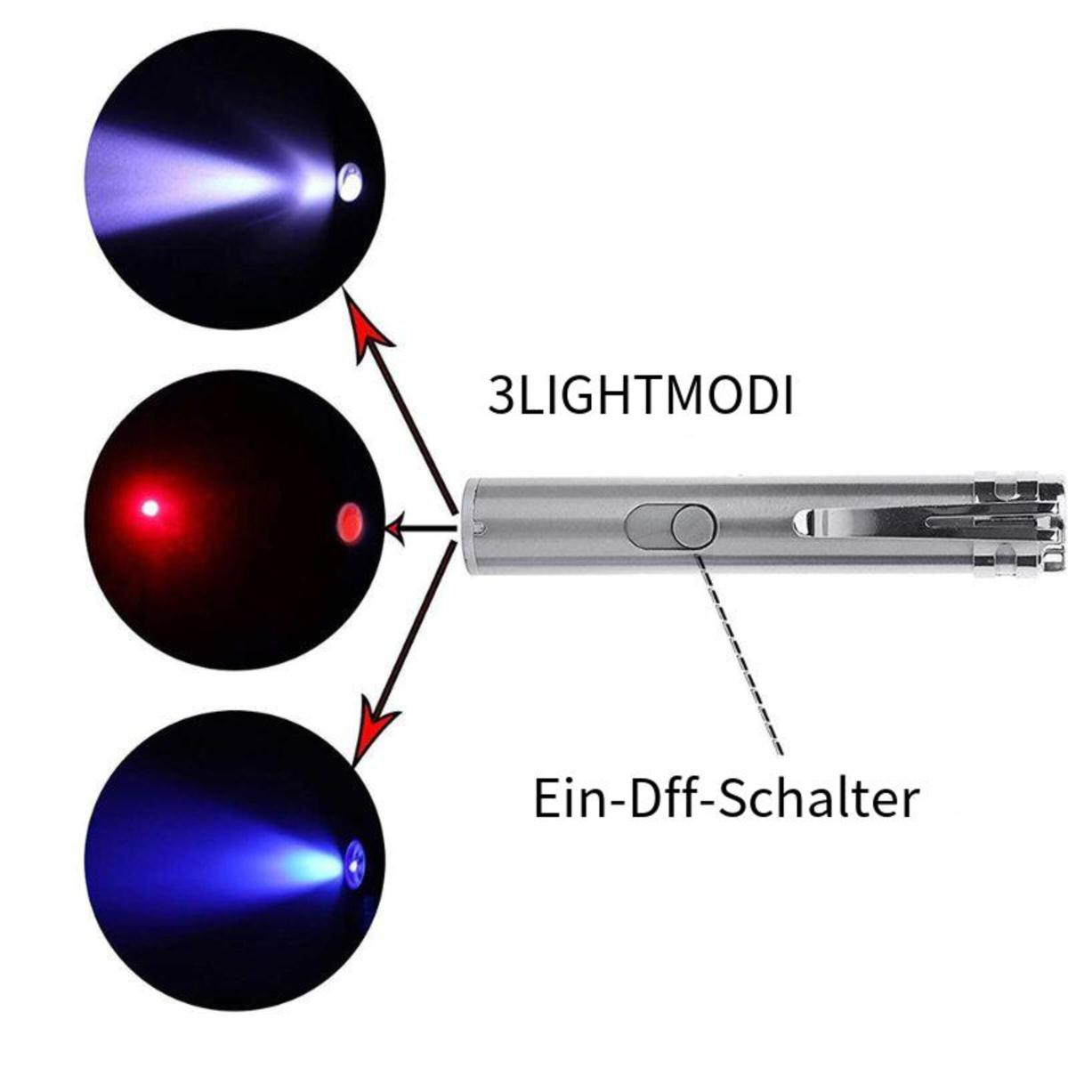 Taschenlampe mit drei Lichtmodi: weiß, rot und blau. Hat einen Ein-Aus-Schalter. Pfeile zeigen die Lichtrichtung an.