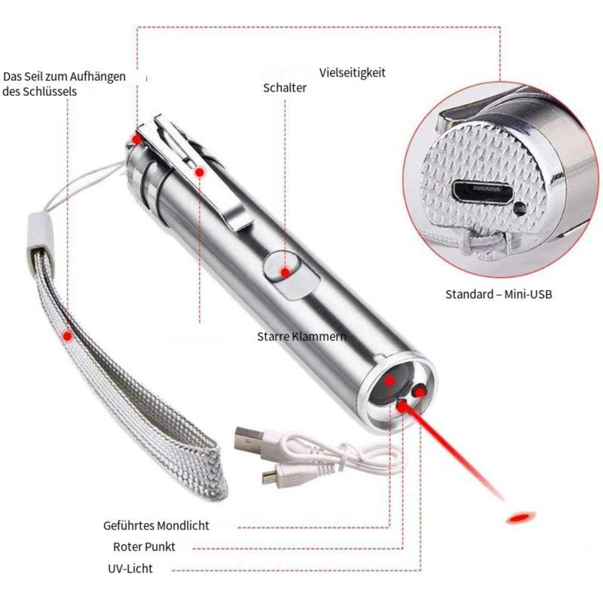 Laserpointer mit Diagramm, das Teile zeigt: einen Schalter, Mini-USB und einen roten Laserpunkt. Ein roter Strahl wird gezeigt.