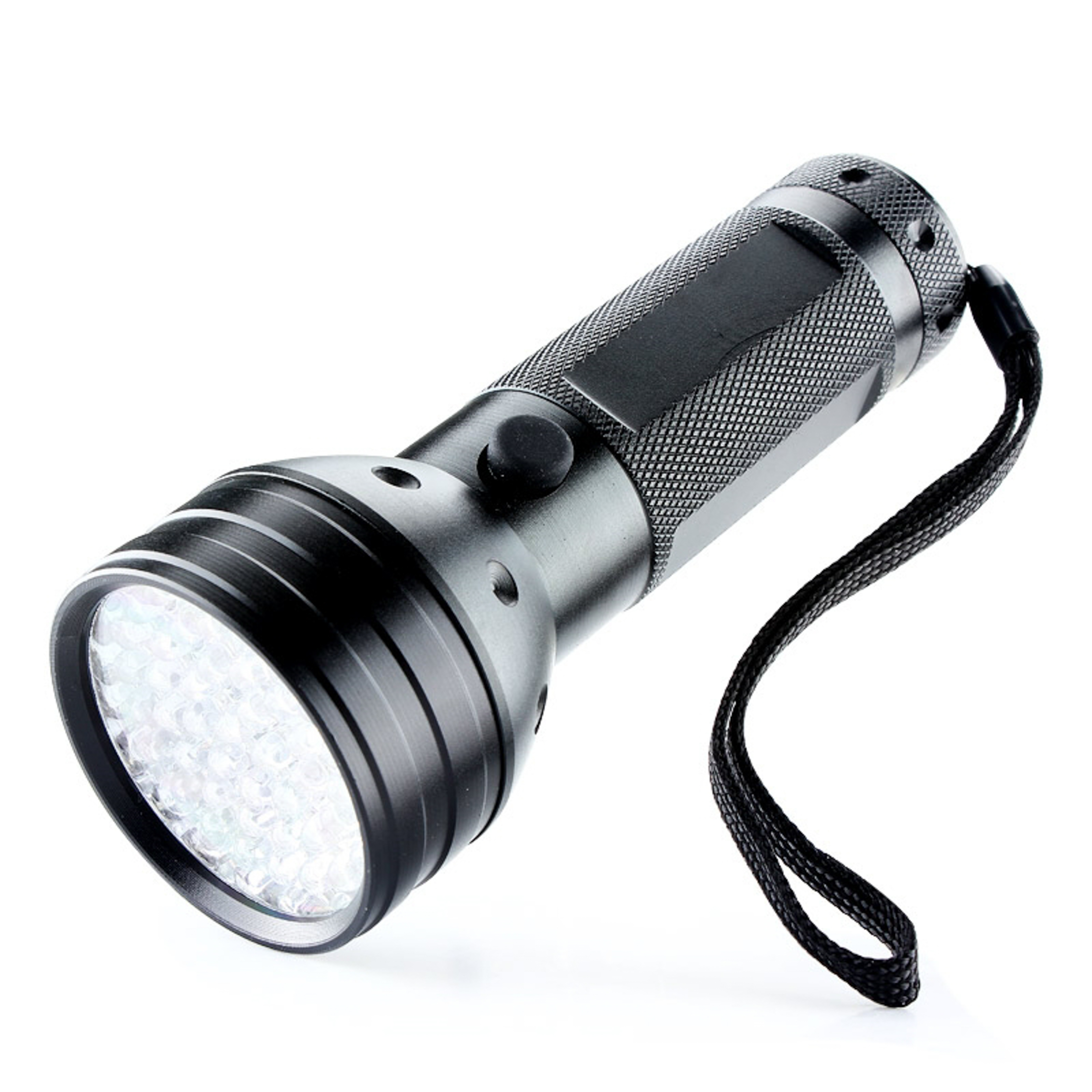 Schwarze Taschenlampe mit mehreren LEDs und einer Handschlaufe, isoliert auf weißem Hintergrund.