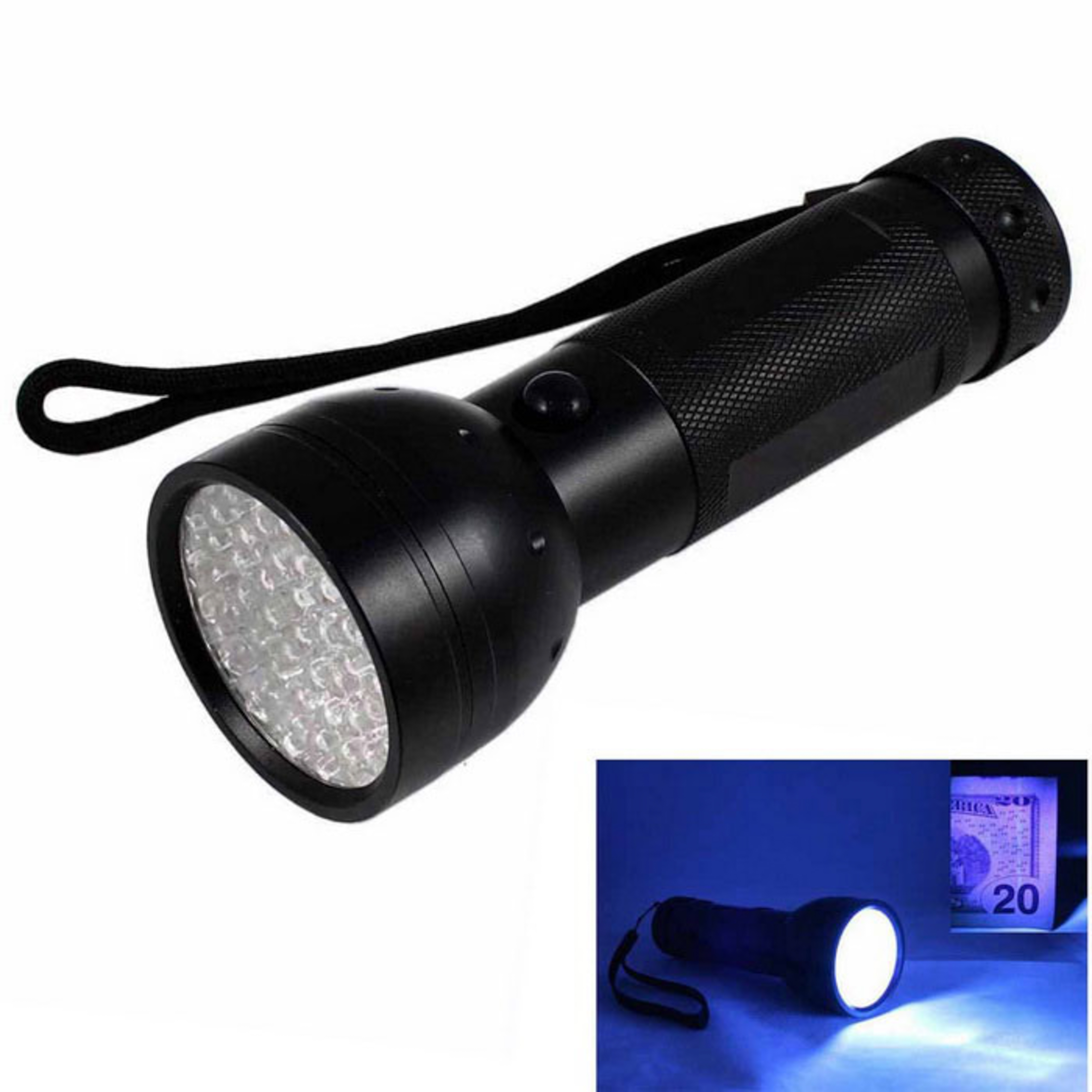 Schwarze Taschenlampe mit vielen LEDs. Ein kleineres Bild zeigt das Licht an. Das Wort '20' steht an der Seite.