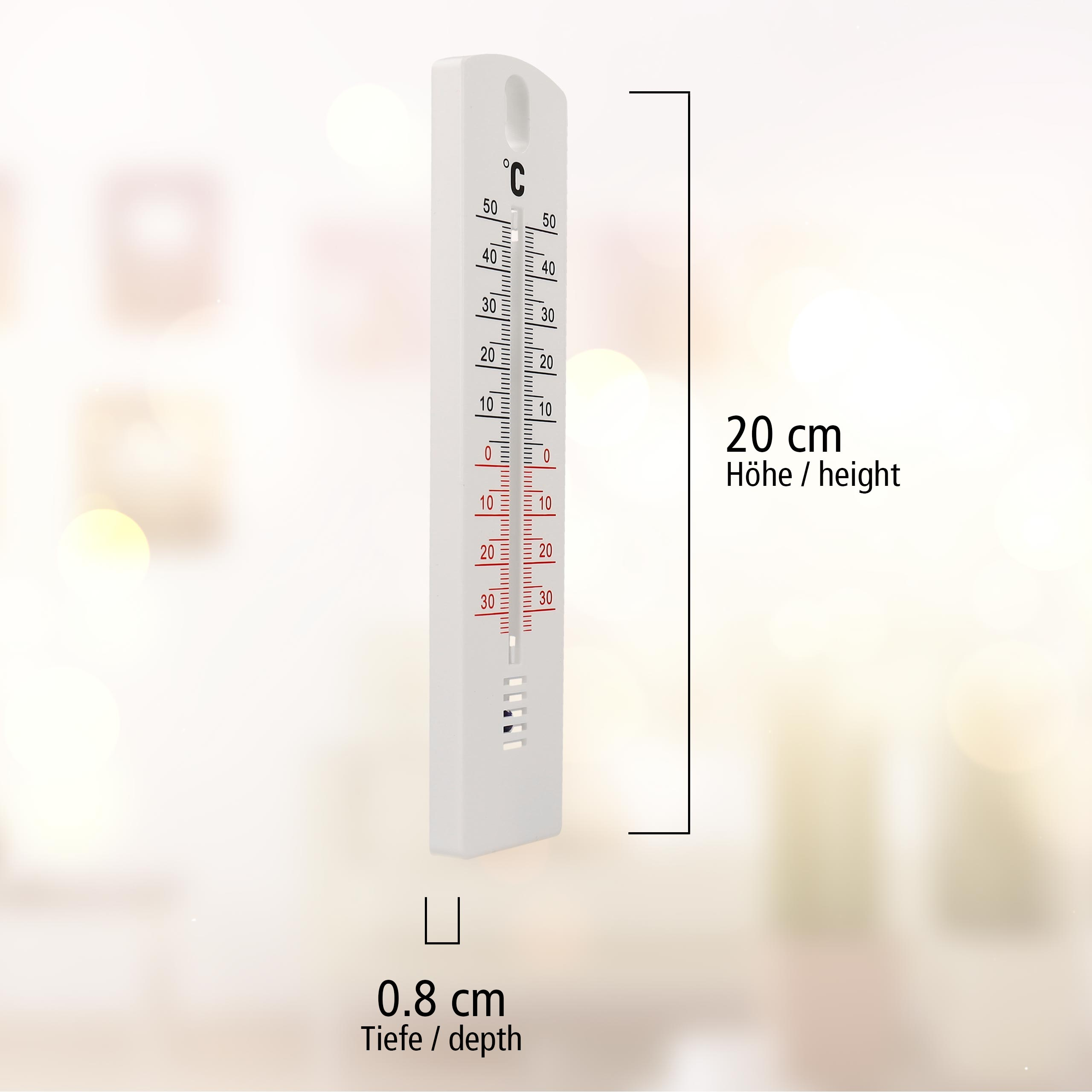 Weißes Thermometer mit Celsius-Skala, mit Abmessungen in cm.