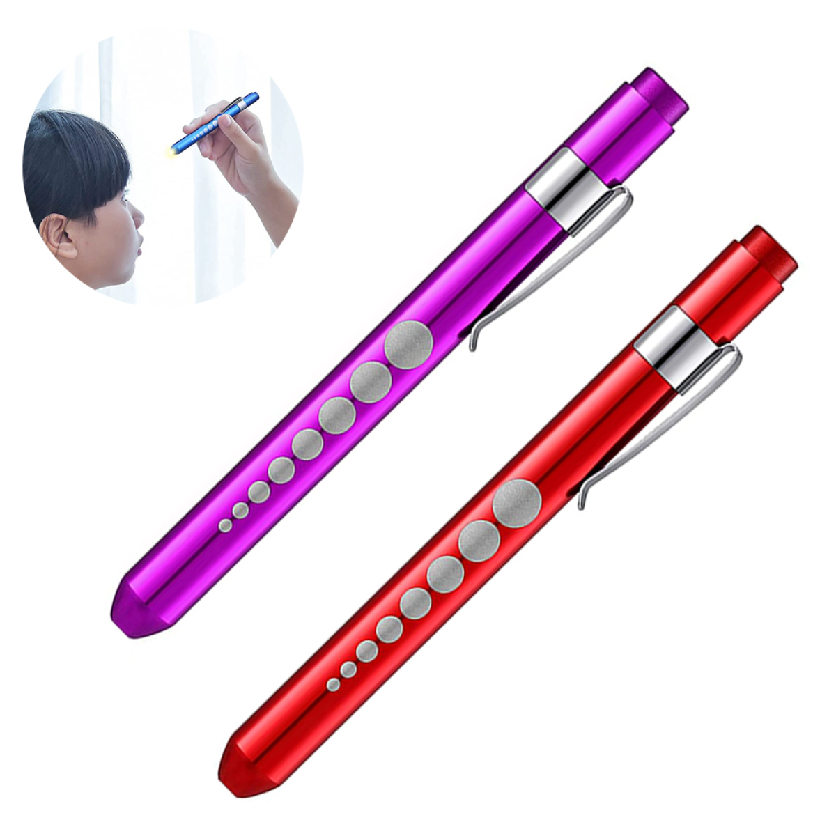 Zwei medizinische Stiftleuchten, eine lila, eine rot, mit silbernen Clips und Knöpfen.