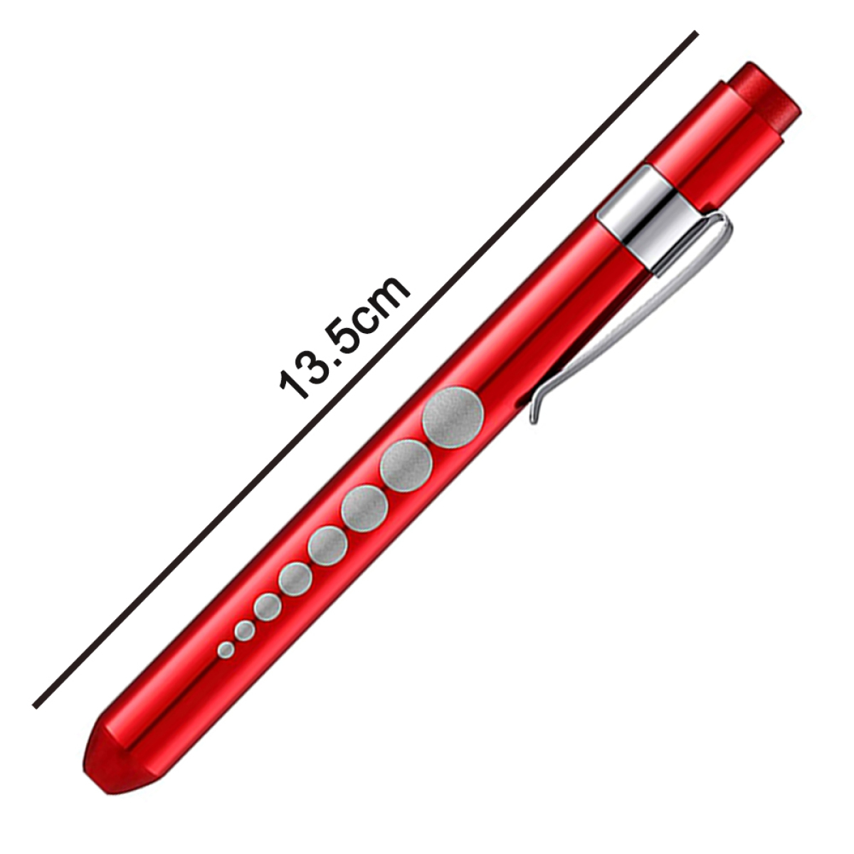 Rotes stiftförmiges Licht mit silbernen Akzenten und einem Lineal, das 13,5 cm anzeigt.